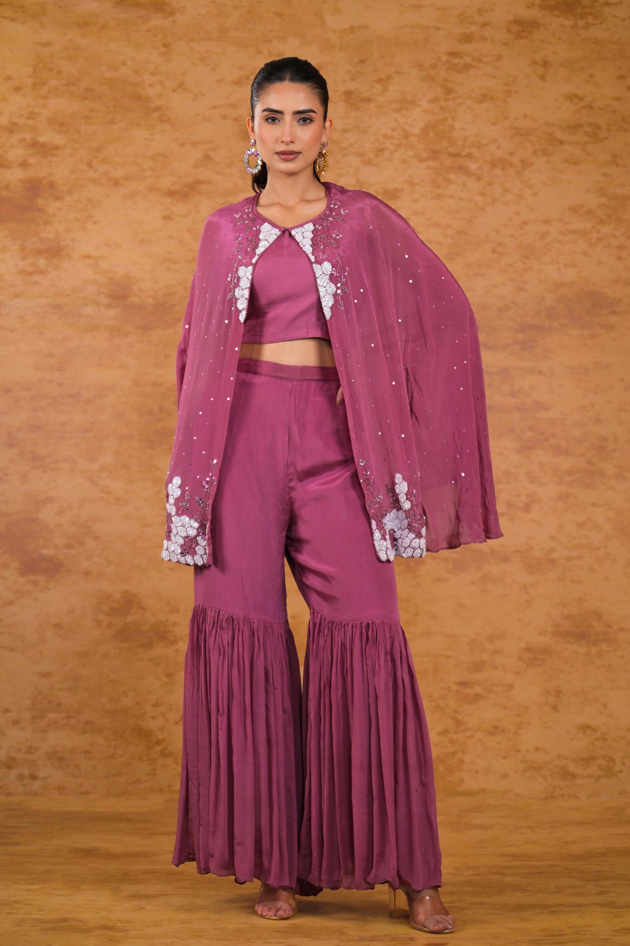 Dark Mauve Embroidered Chinon Silk Cape Set