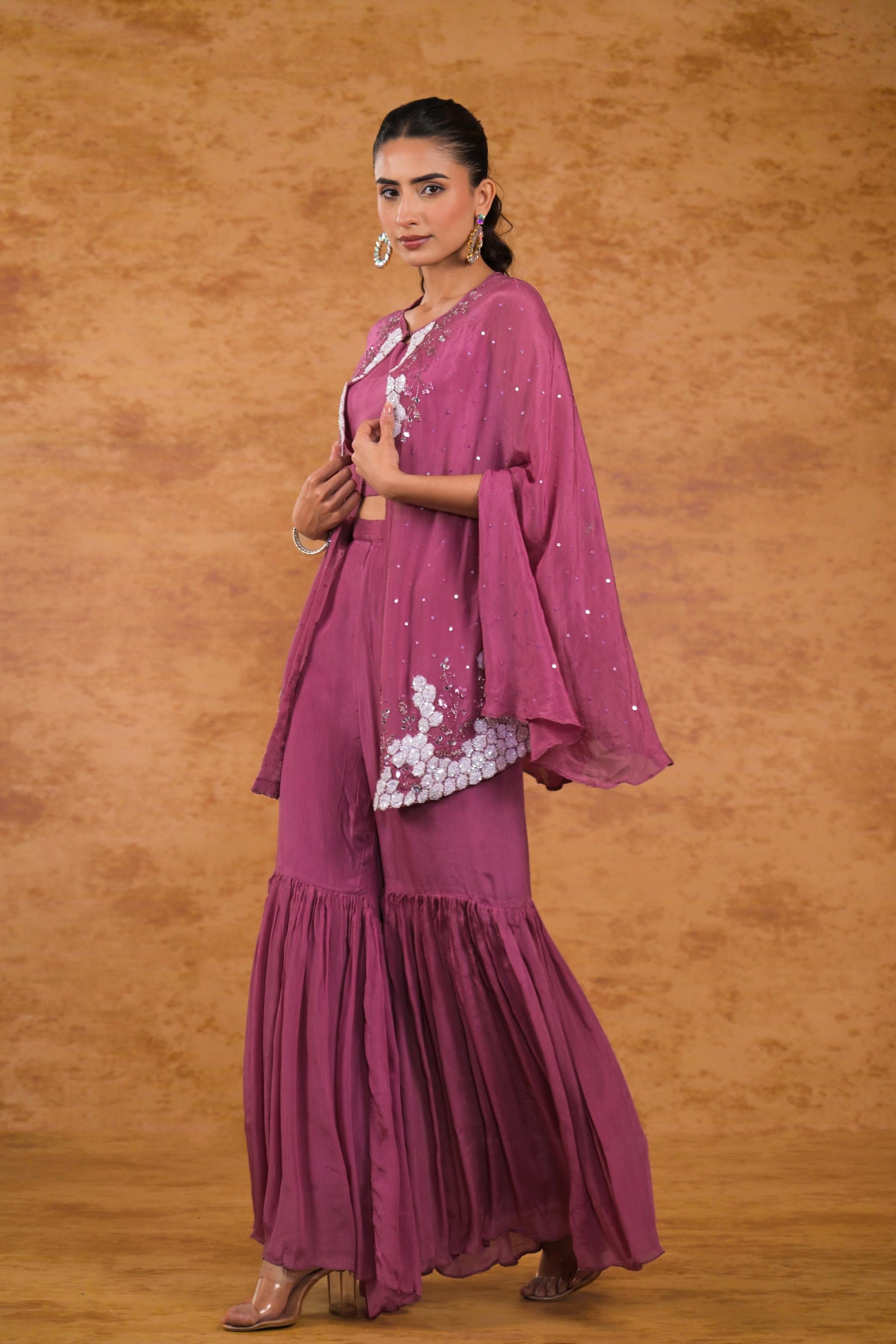 Dark Mauve Embroidered Chinon Silk Cape Set