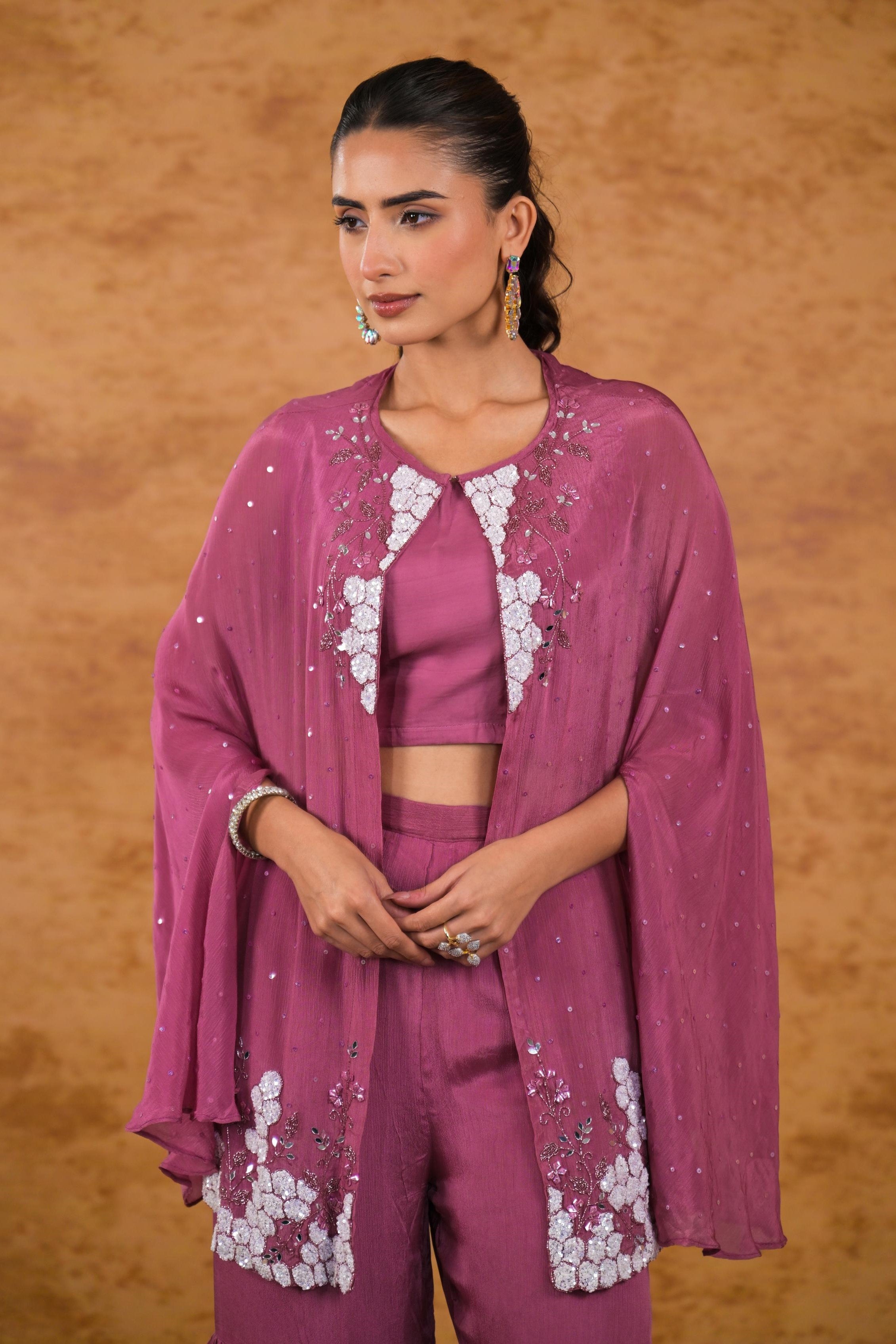 Dark Mauve Embroidered Chinon Silk Cape Set