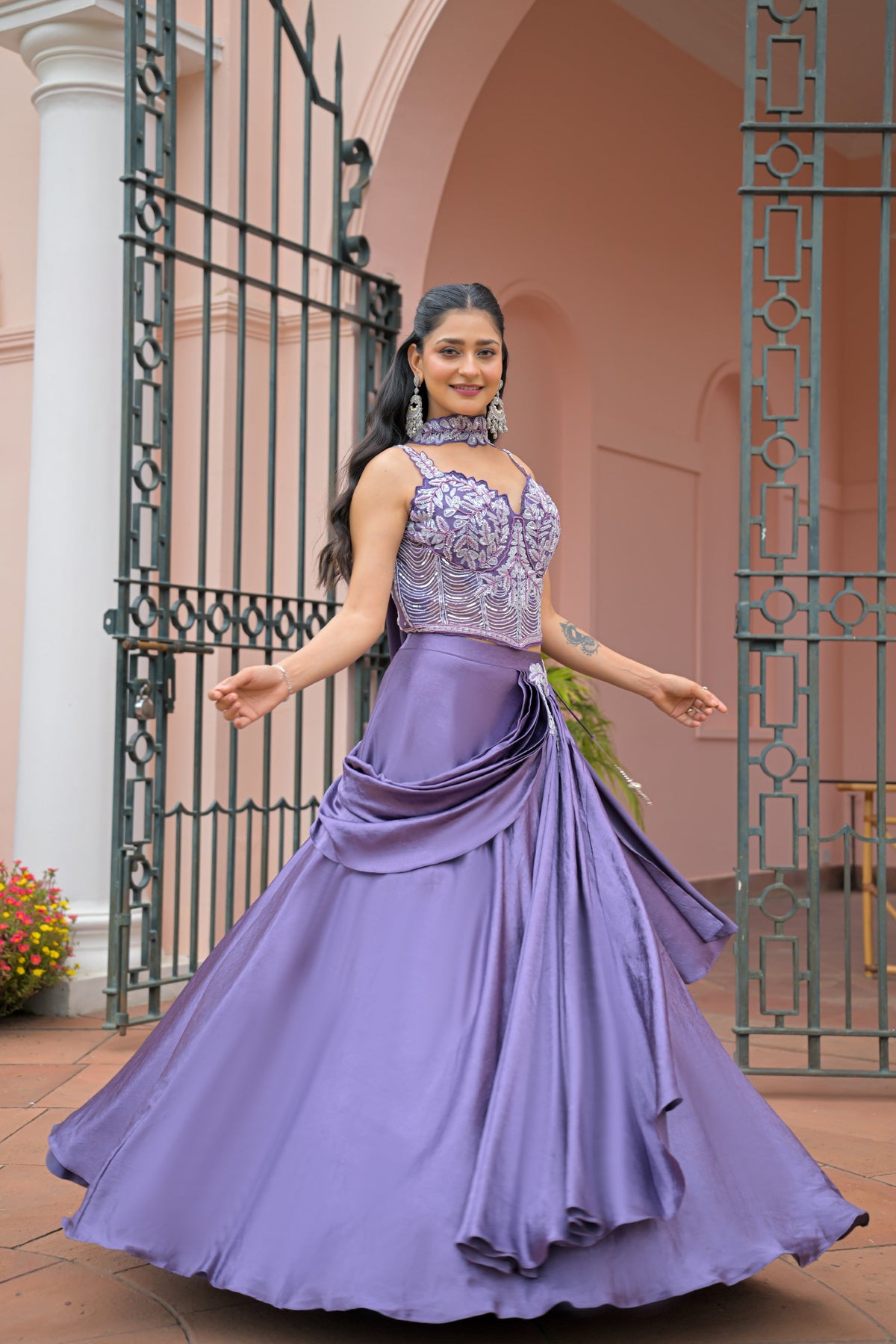 Dusty Purple Embellished Shimmer Silk Skirt Set