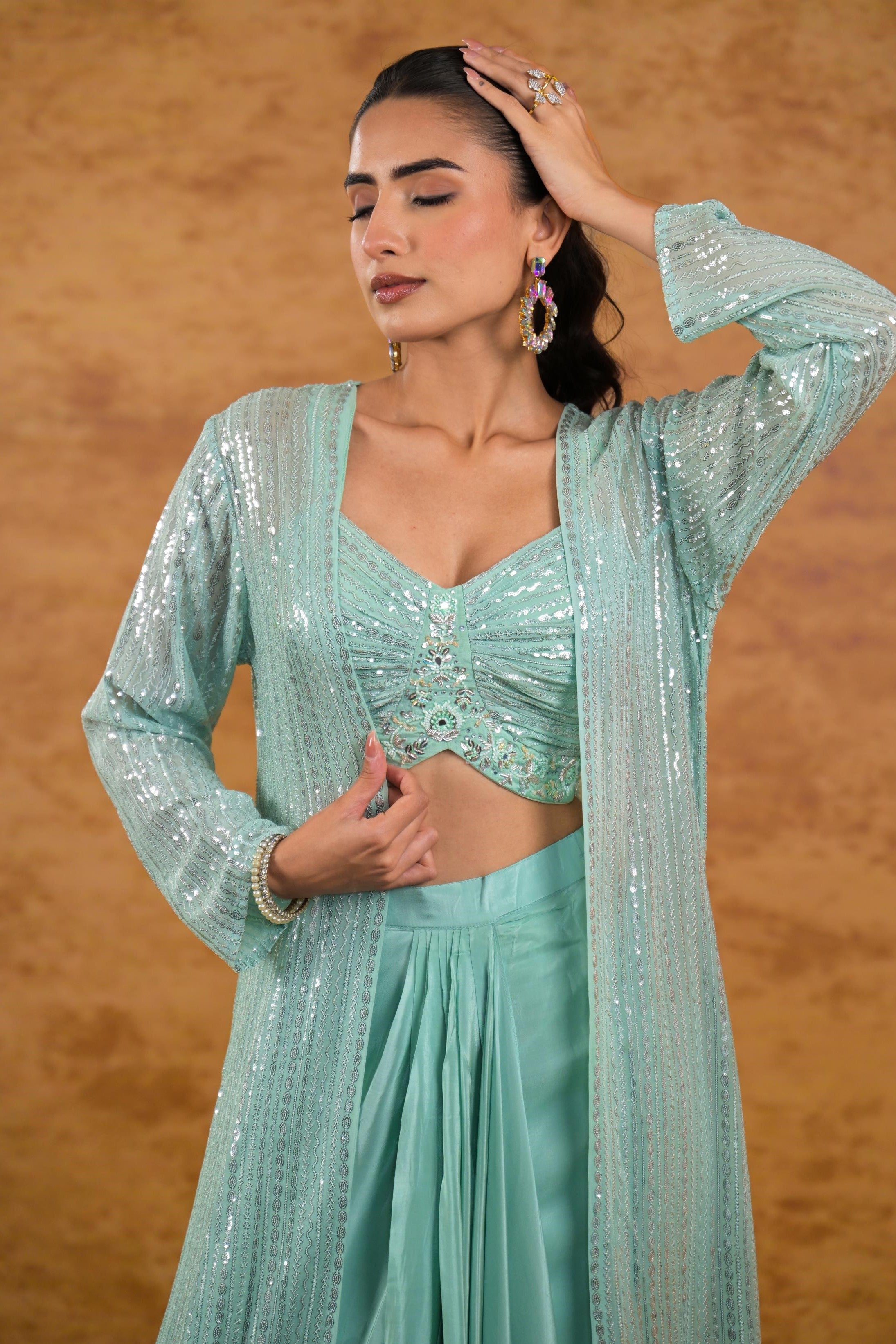 Pale Teal Embellished Georgette Silk Shrug Set