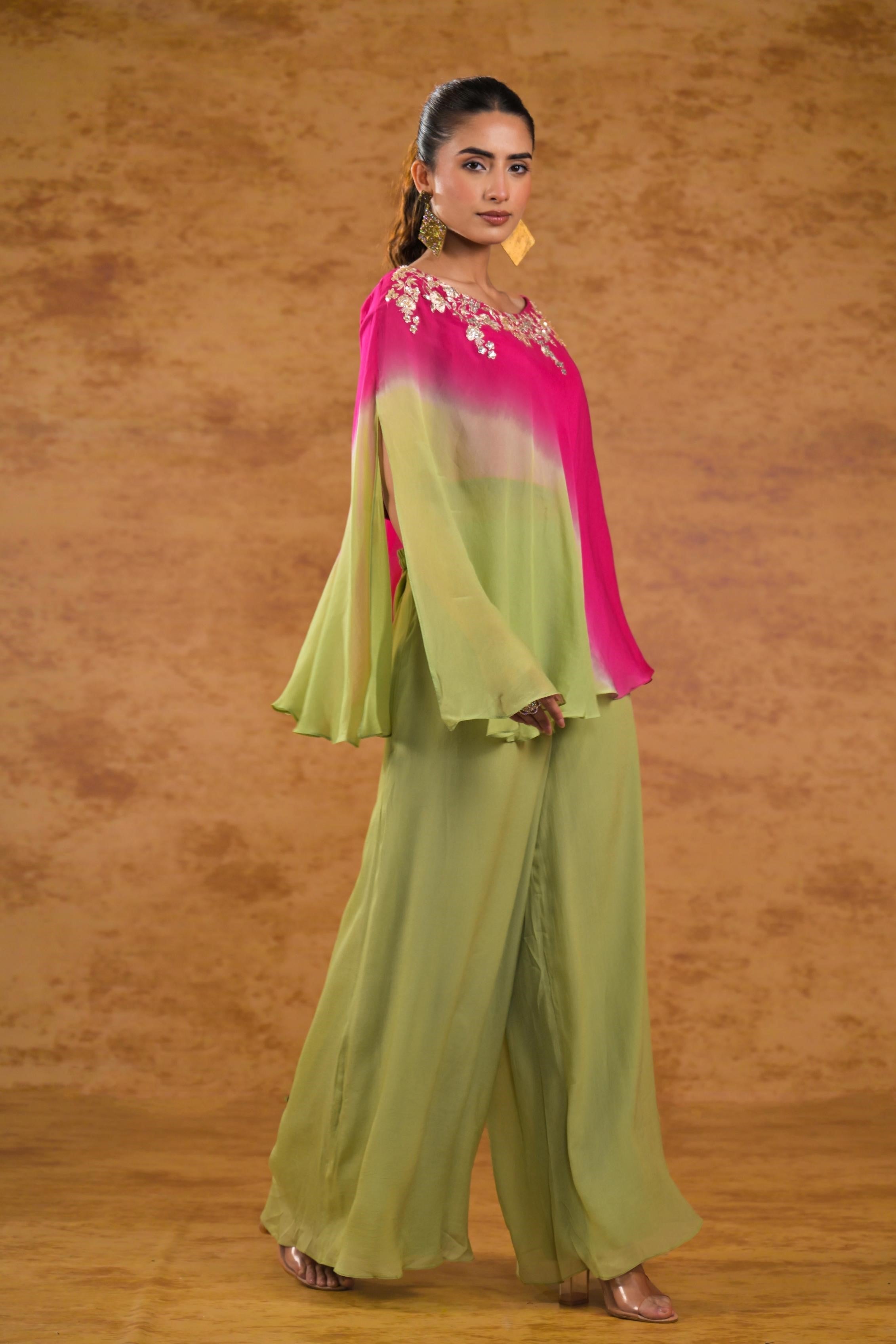 Light Green Ombre-Dyed Georgette Silk Co-Ord Set