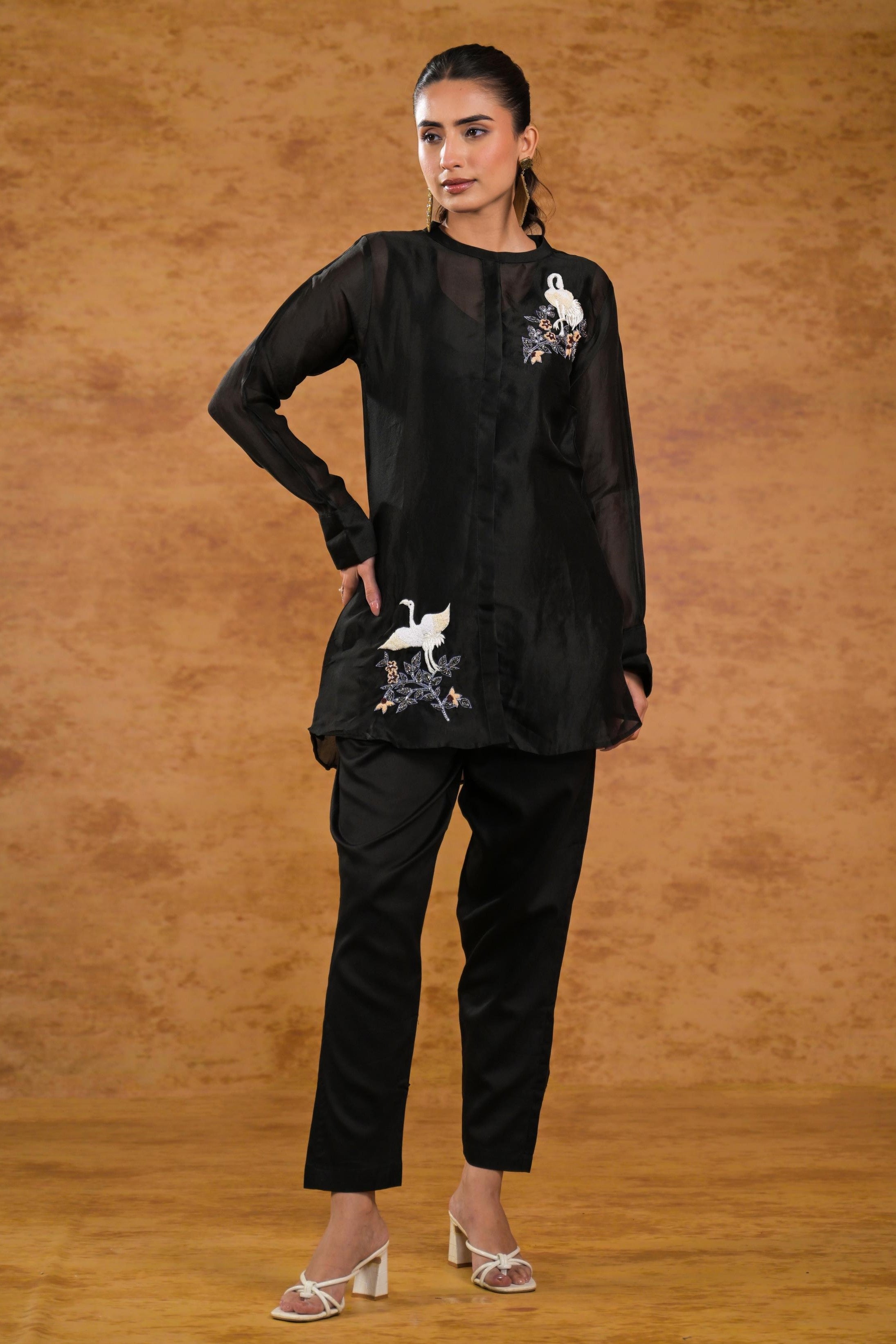 Black Embroidered Organza Silk Co-Ord Set