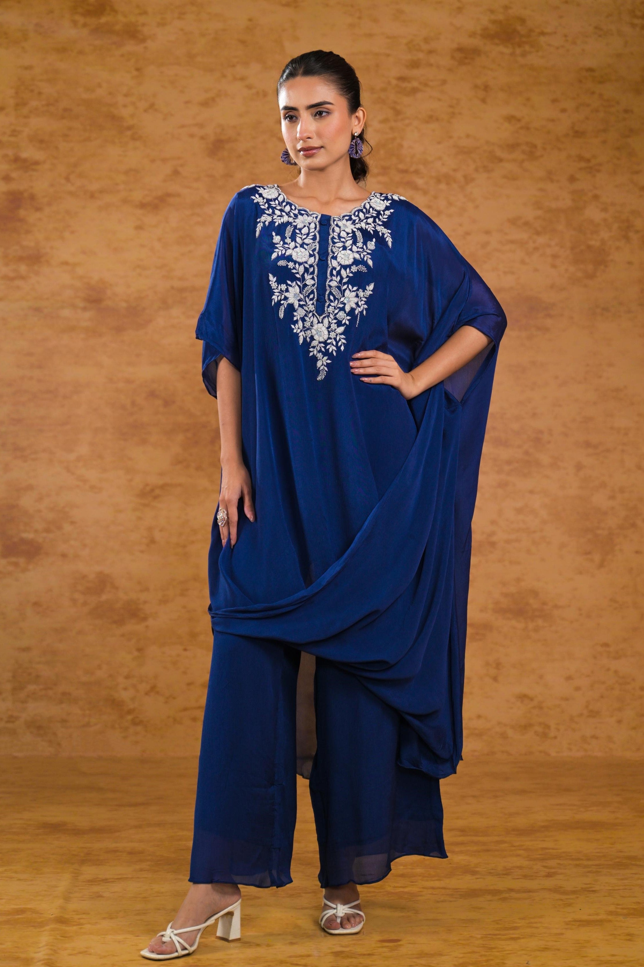 Deep Blue Embellished Chinon Silk Kaftan Set