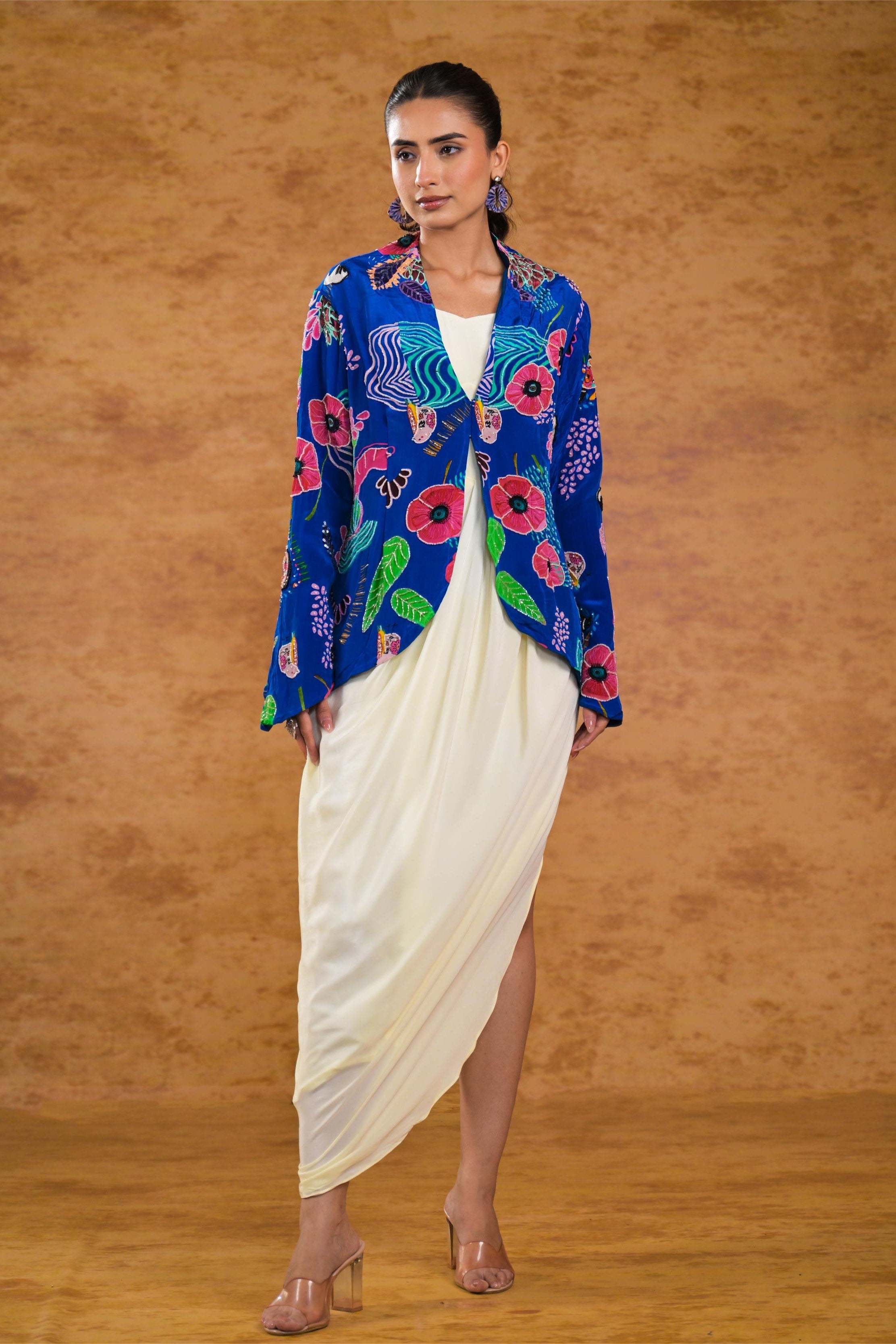 Blue Floral Printed Premium Silk Jacket Draped Gown