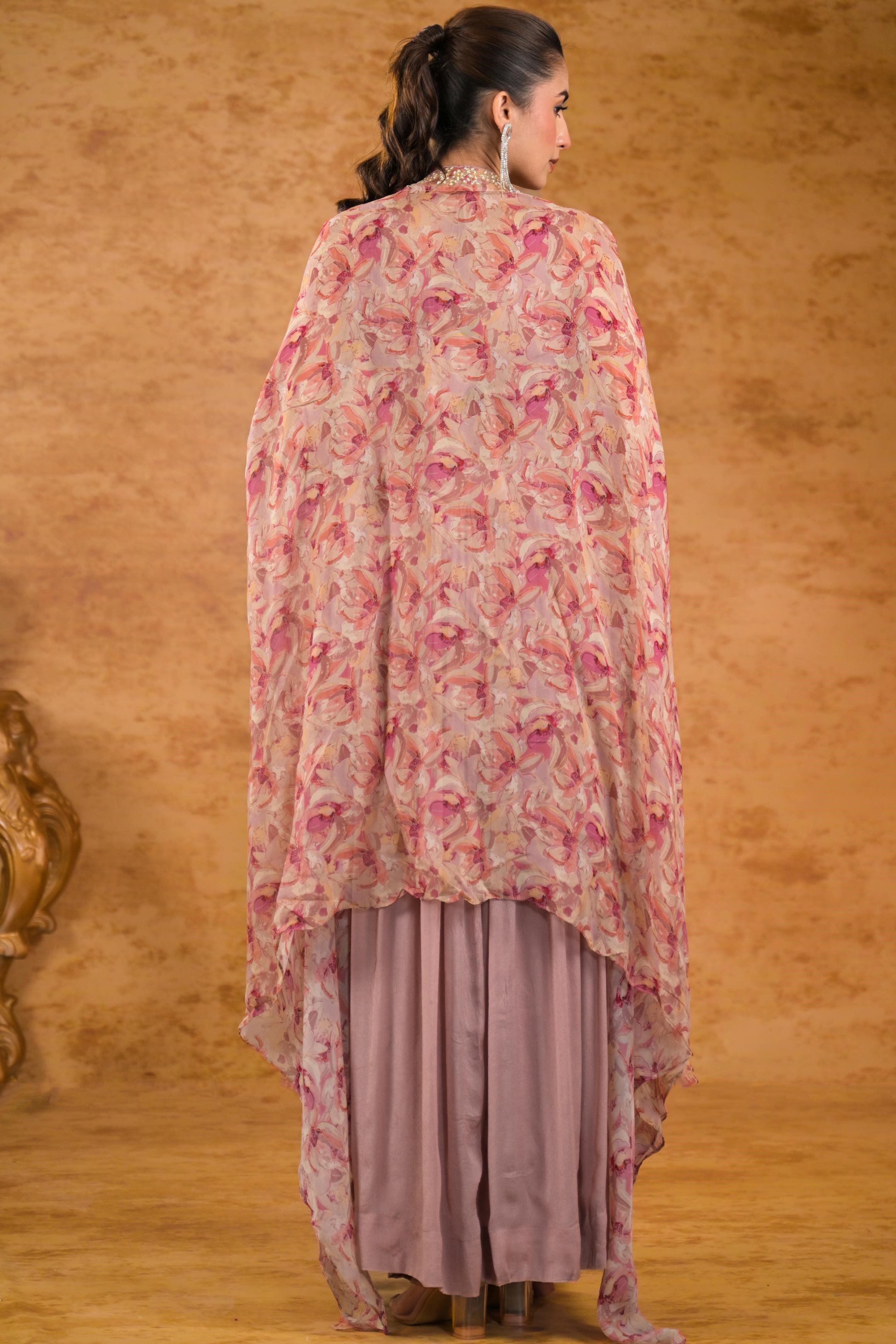 Dusky Peach Floral Printed Organza Silk Cape Set