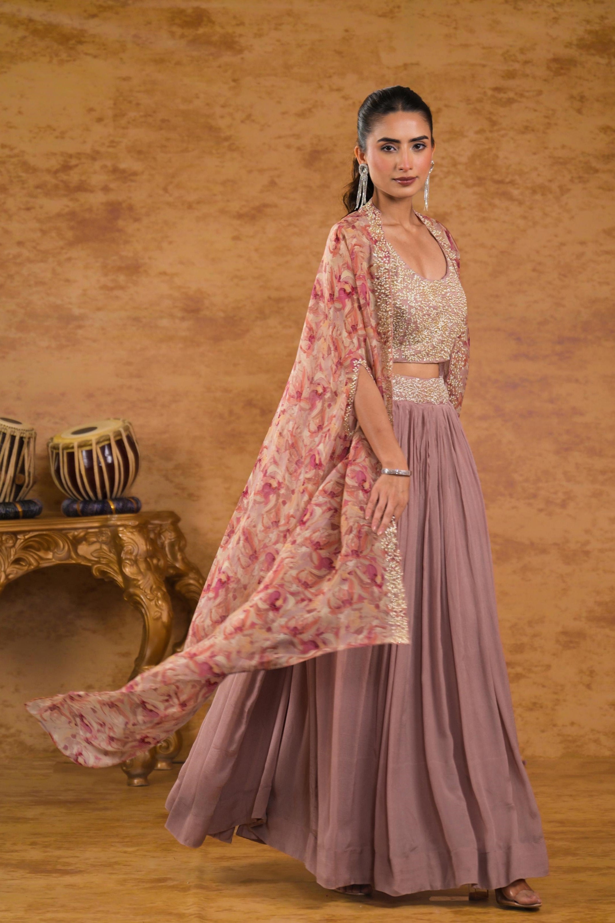 Dusky Peach Floral Printed Organza Silk Cape Set