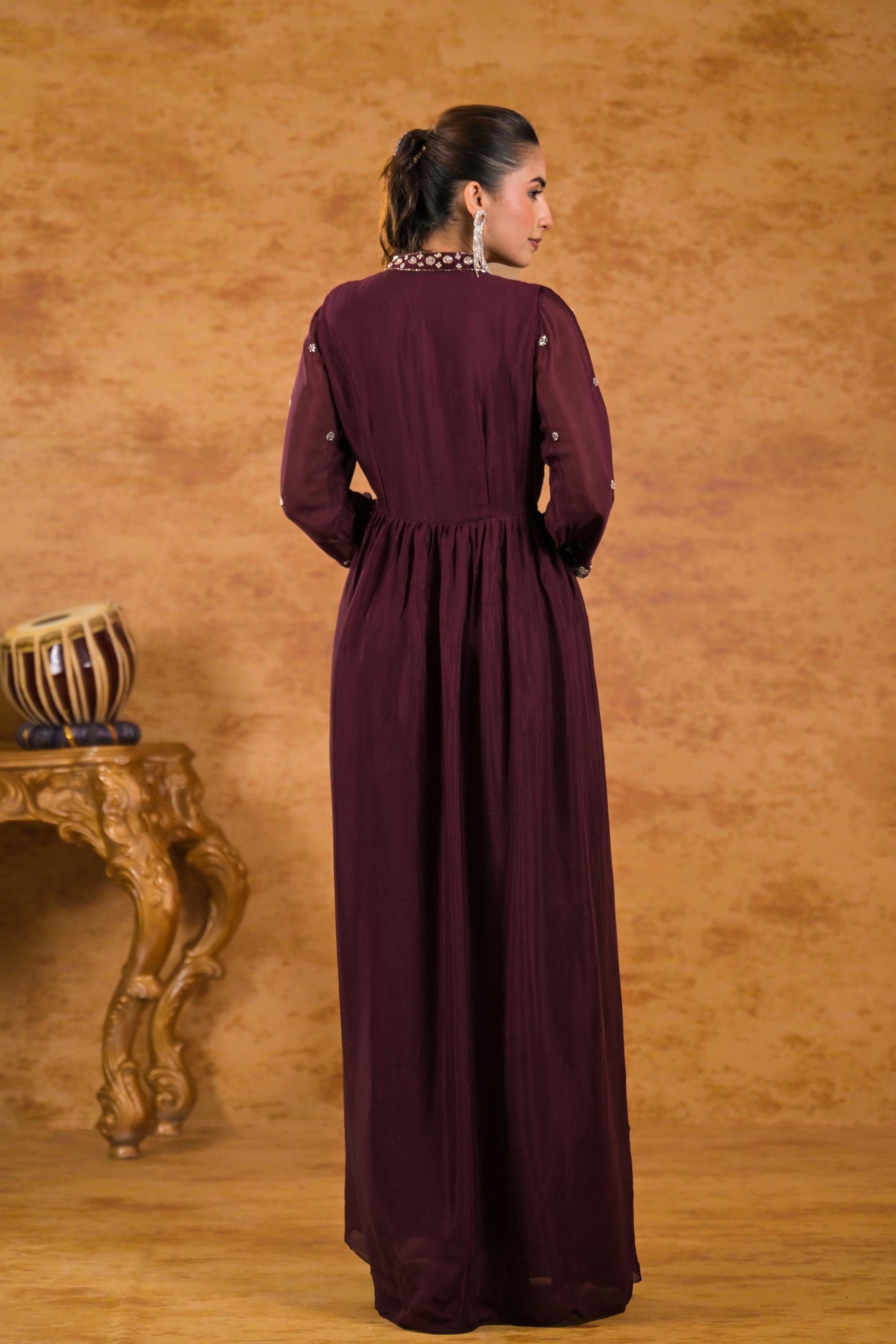 Burgundy Embellished Chinon Silk Gown