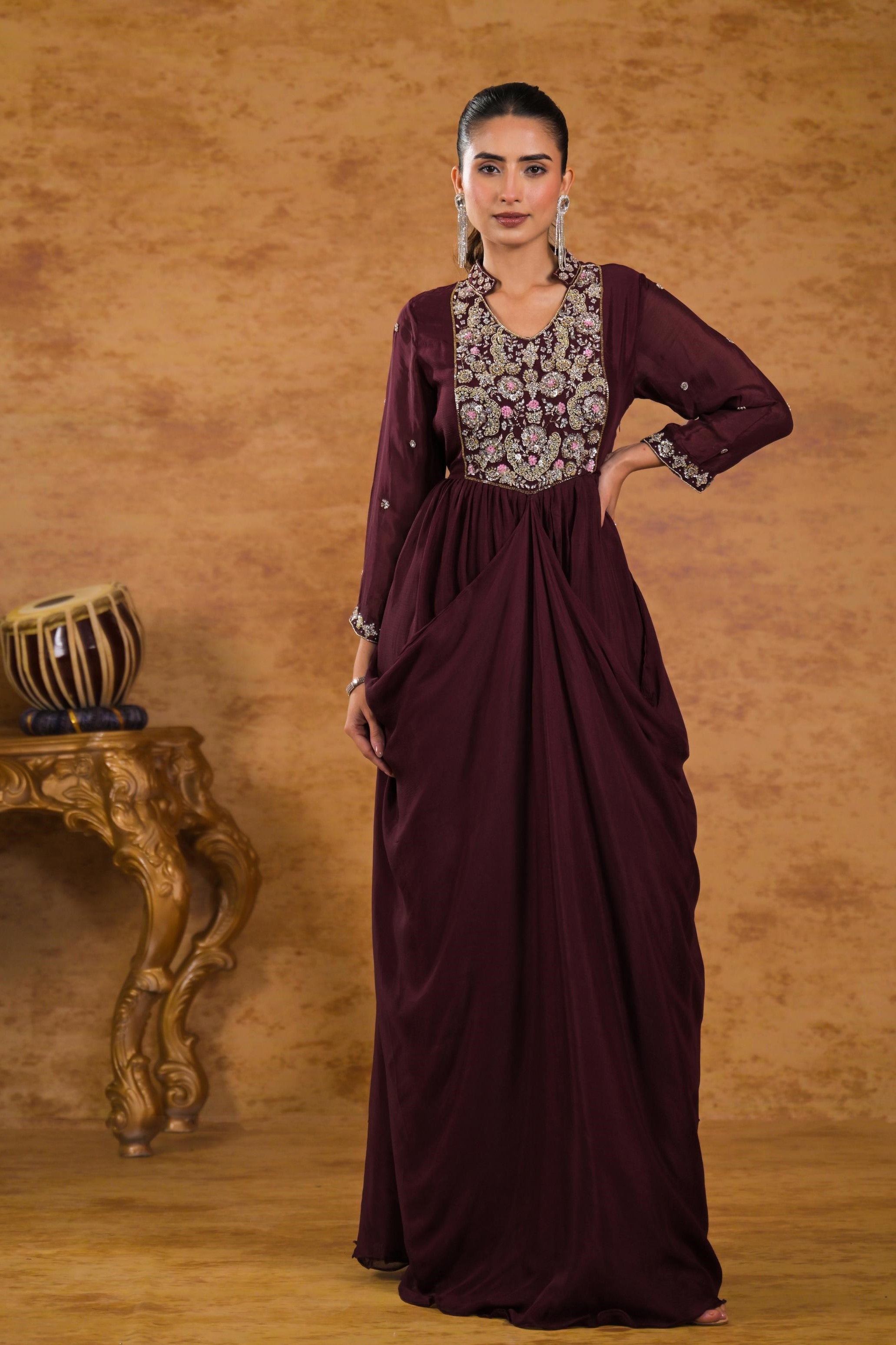 Burgundy Embellished Chinon Silk Gown