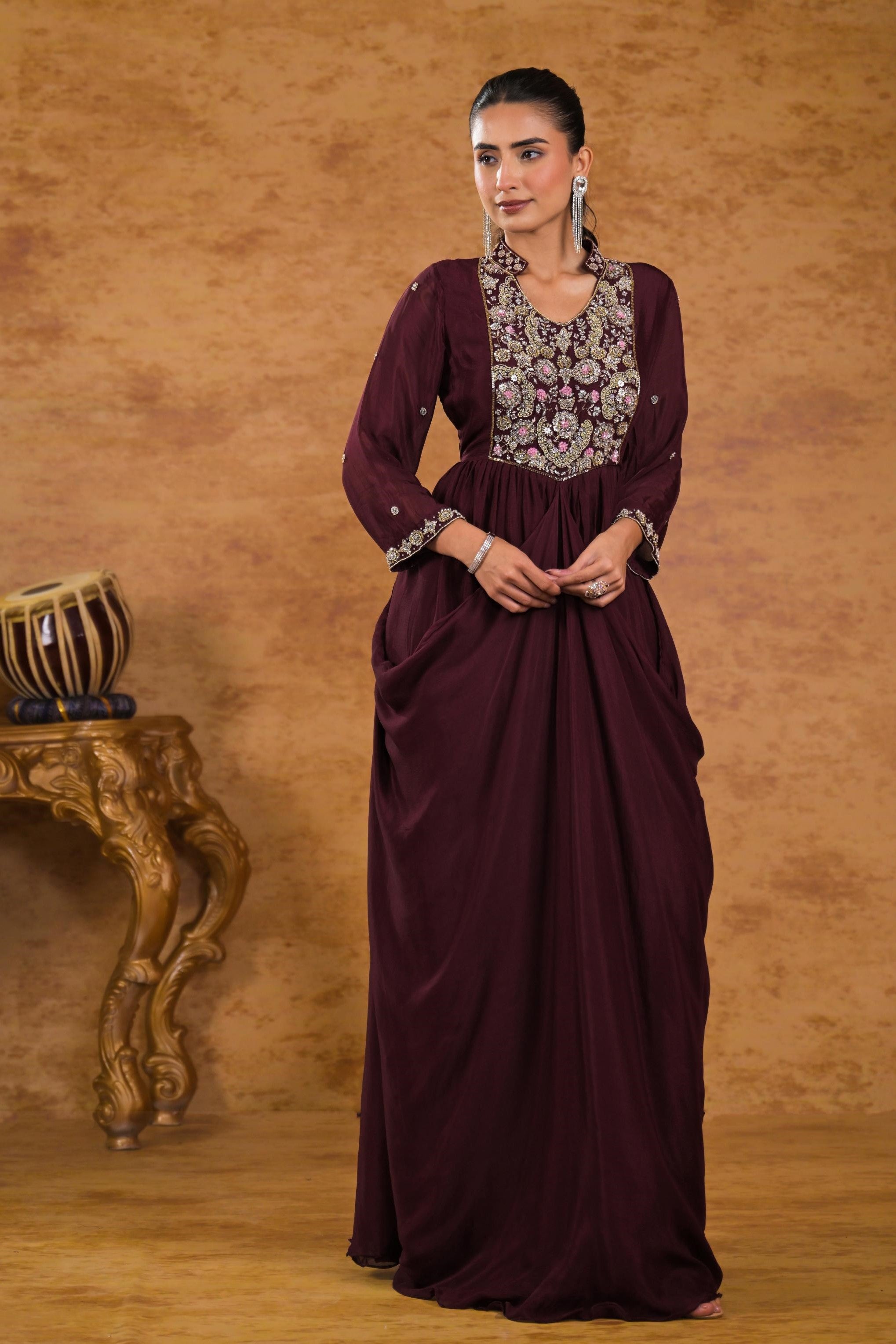 Burgundy Embellished Chinon Silk Gown