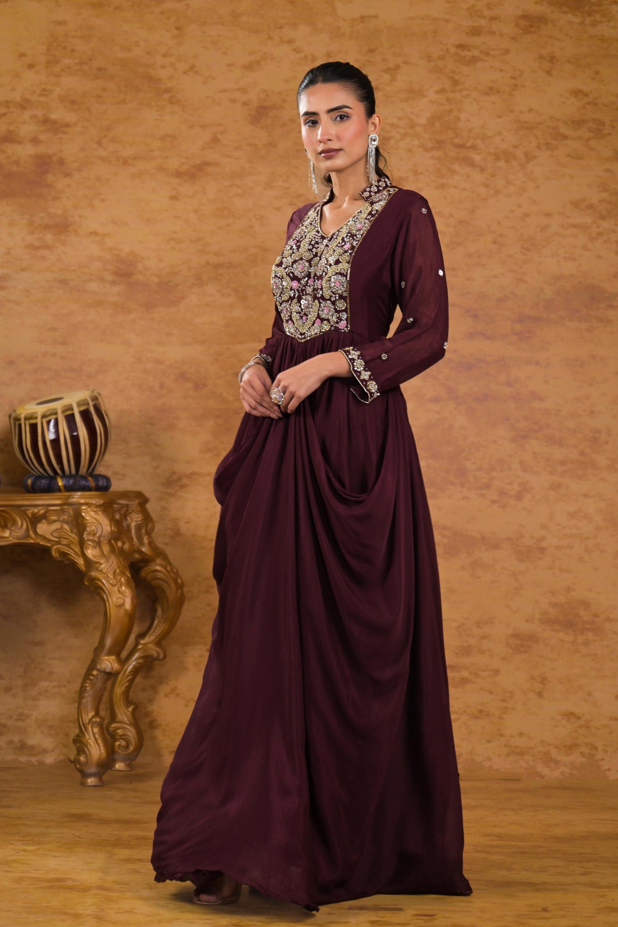 Burgundy Embellished Chinon Silk Gown