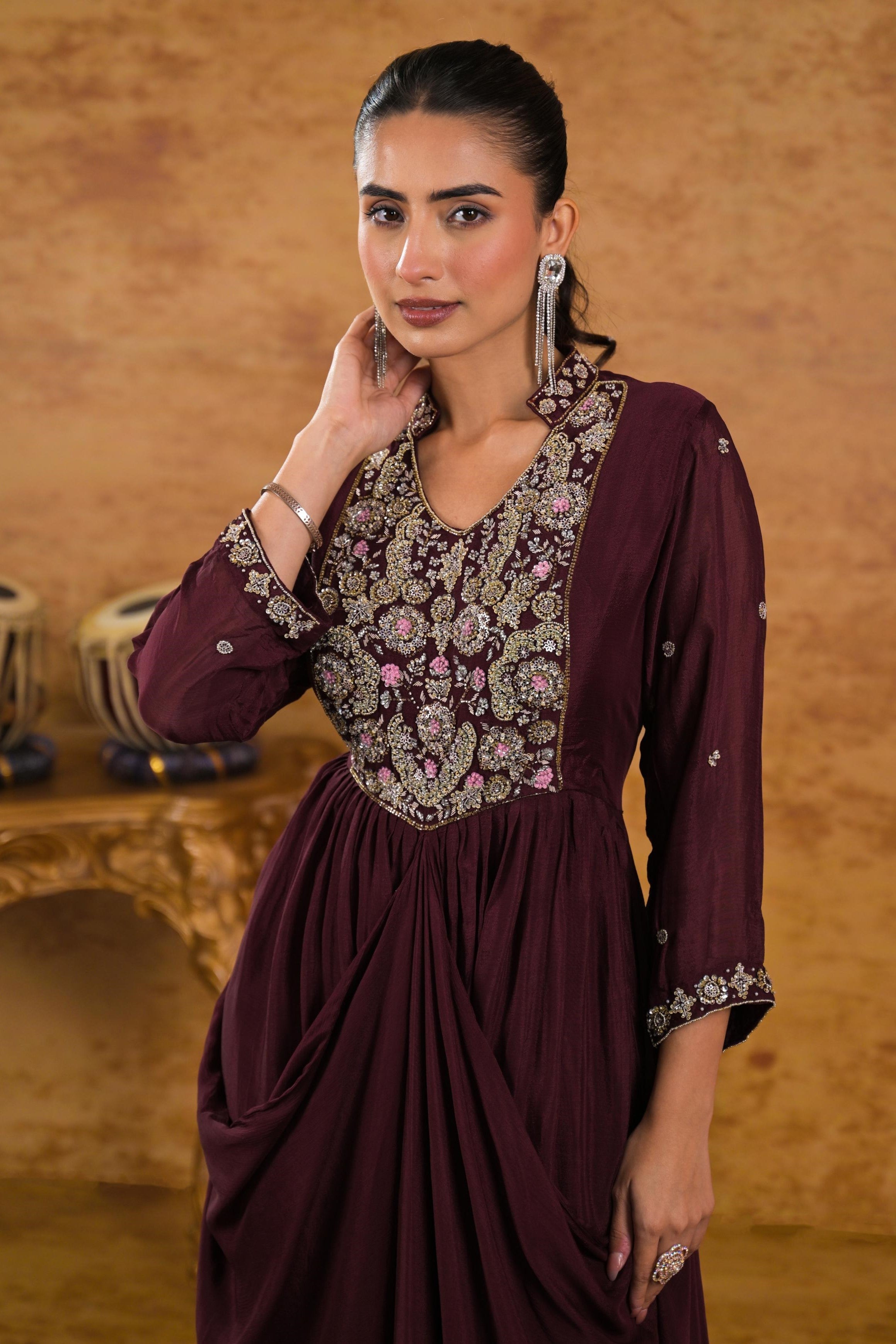 Burgundy Embellished Chinon Silk Gown