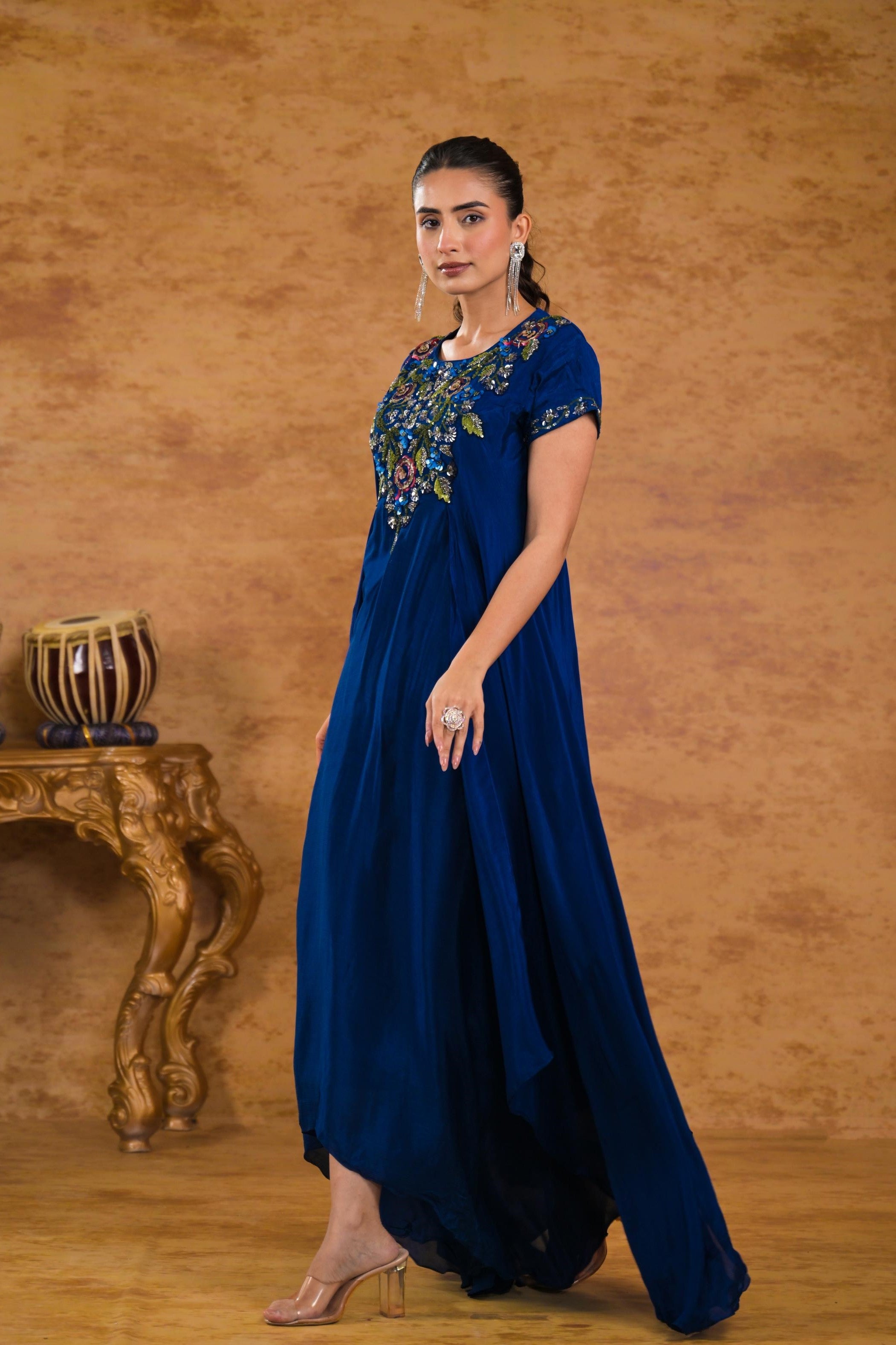 Deep Blue Embroidered Chinon Silk Gown