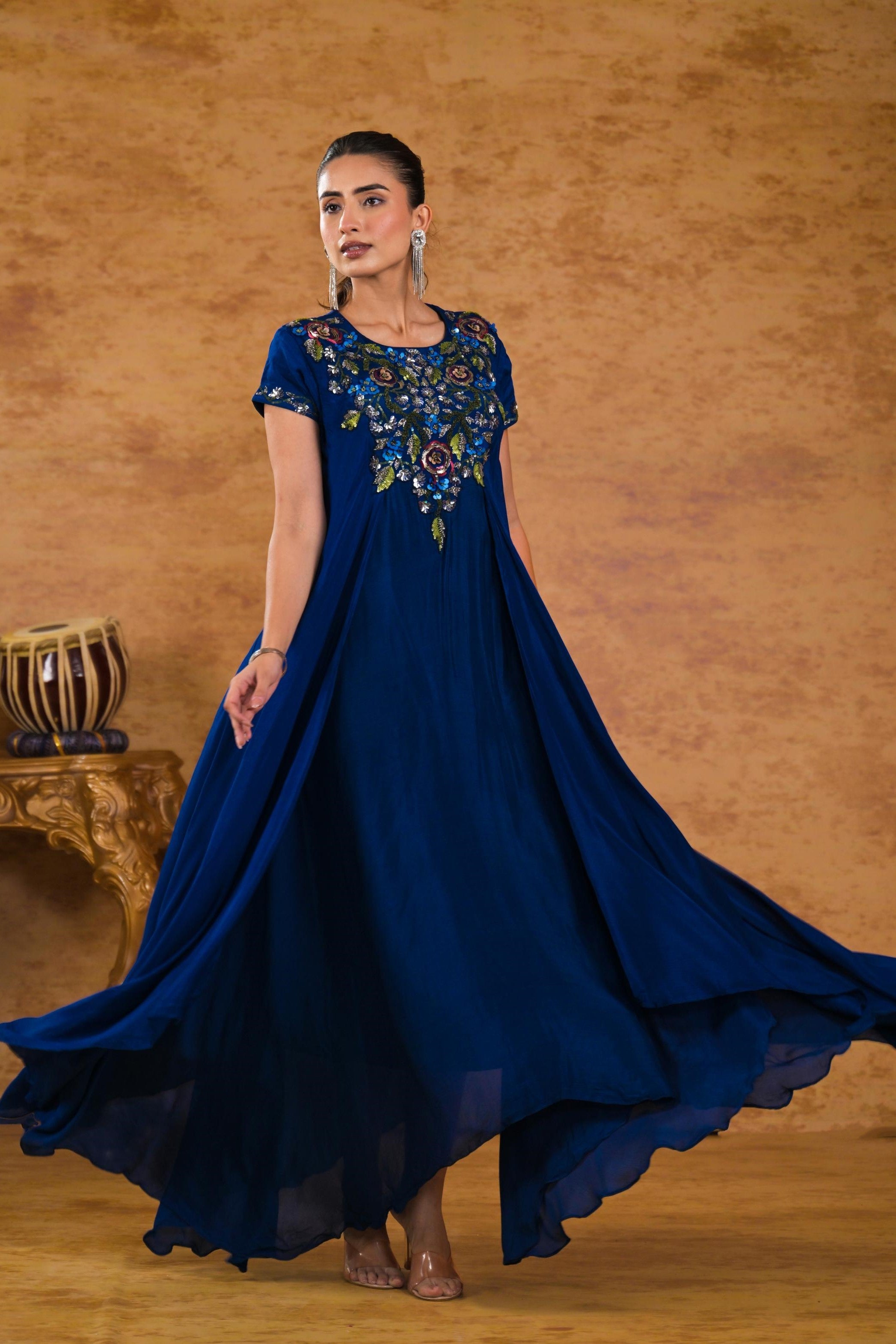 Deep Blue Embroidered Chinon Silk Gown