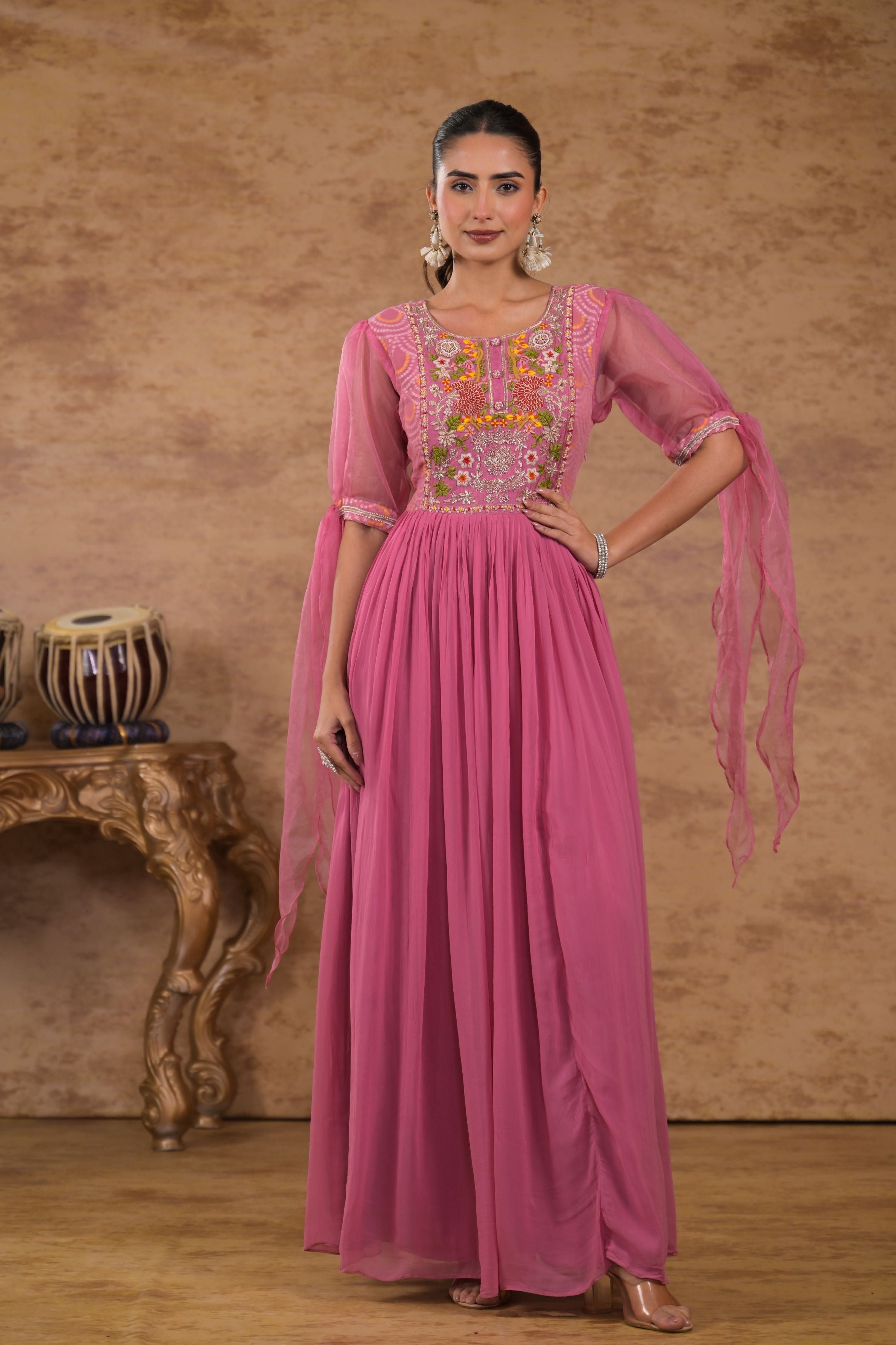 Pink Bandhej Printed Georgette Silk Gown