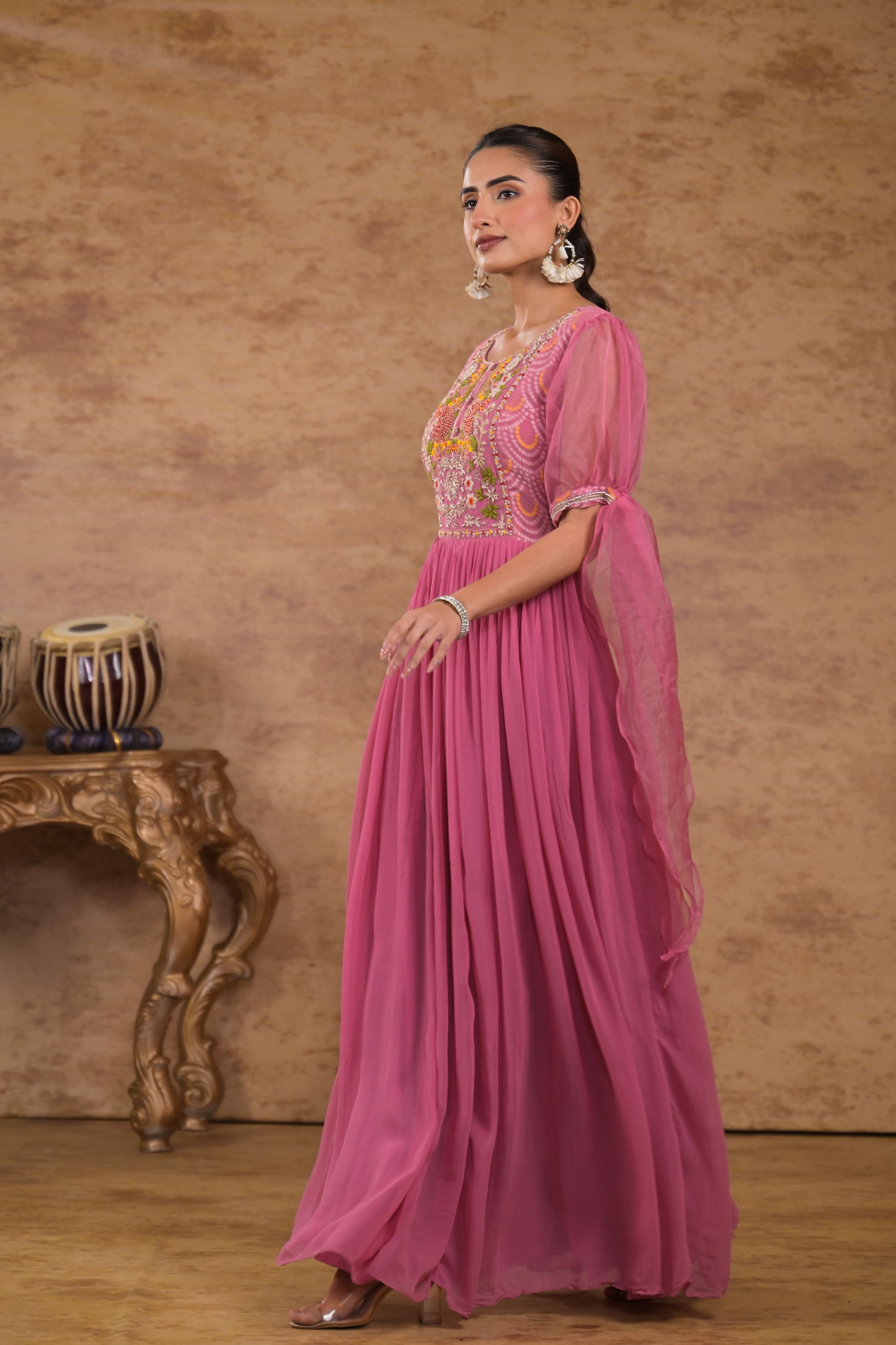 Pink Bandhej Printed Georgette Silk Gown