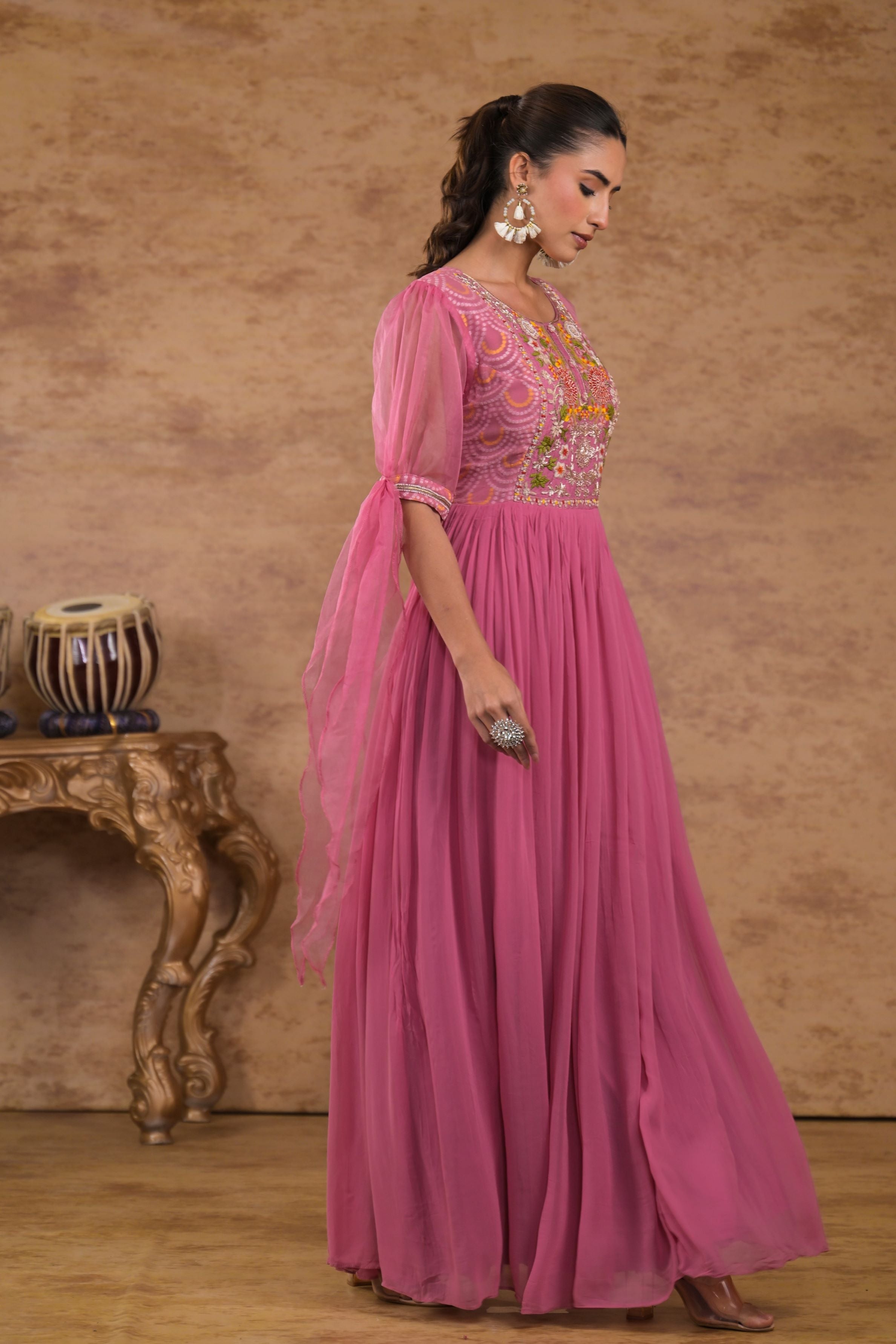 Pink Bandhej Printed Georgette Silk Gown