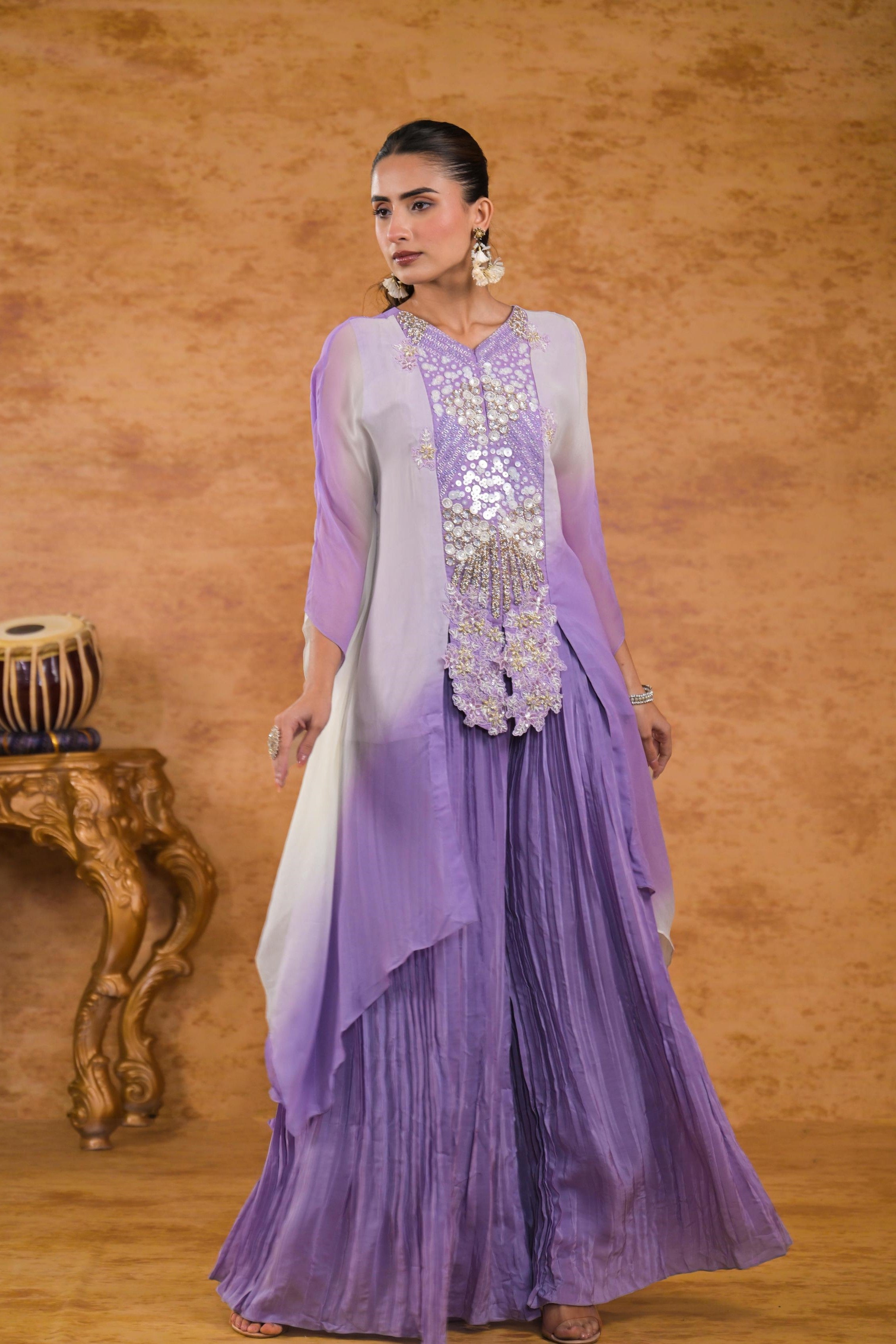 Lilac Ombre-Dyed Georgette Silk Tunic & Palazzo Set