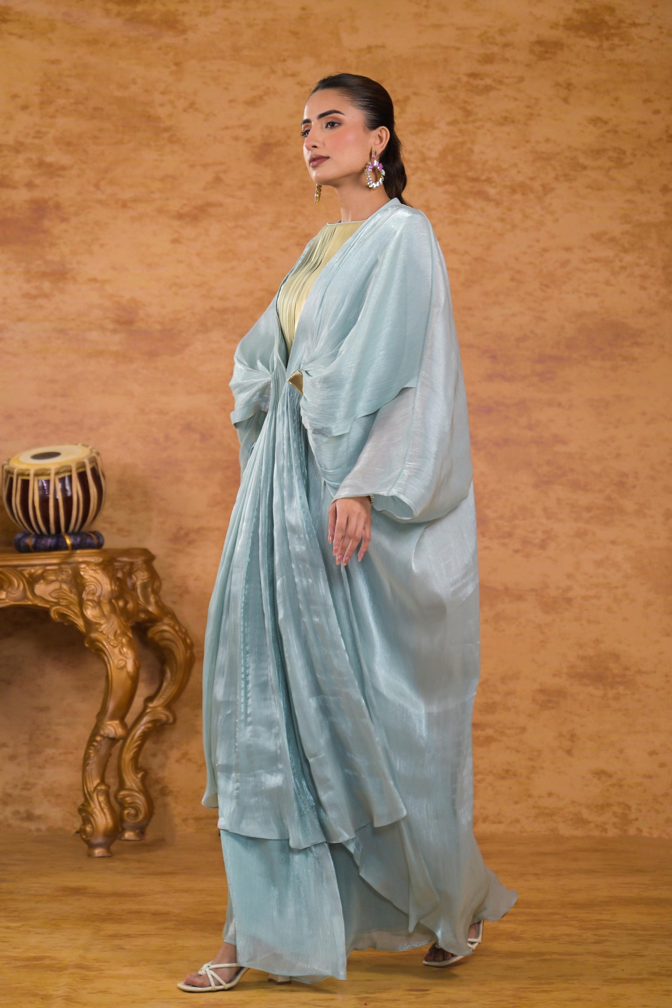 Pale Teal Premium Silk Draped Shrug With Palazzo