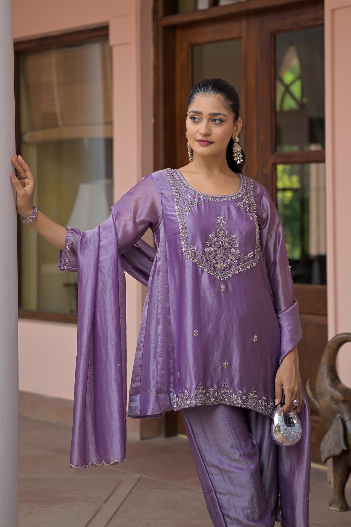 Soft Lavender Embellished Tissue Silk Pant Set