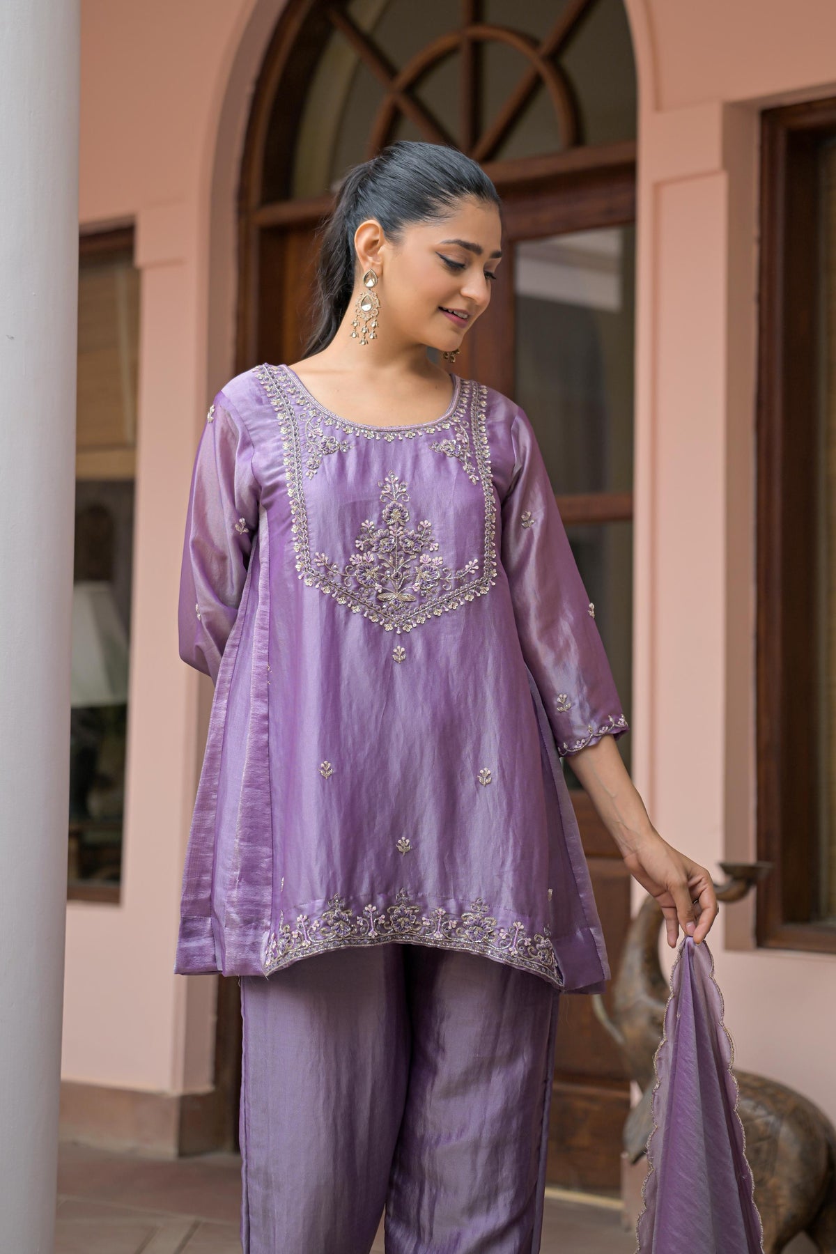 Soft Lavender Embellished Tissue Silk Pant Set