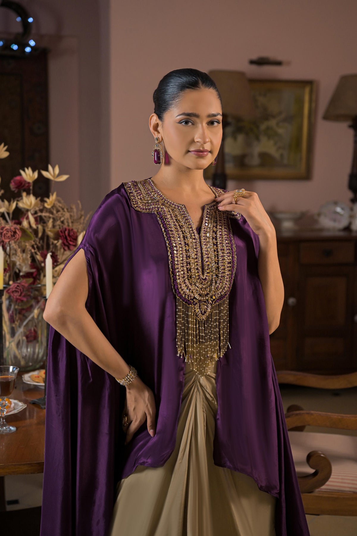 Plum Purple Embellished Crepe Silk Kaftan Set
