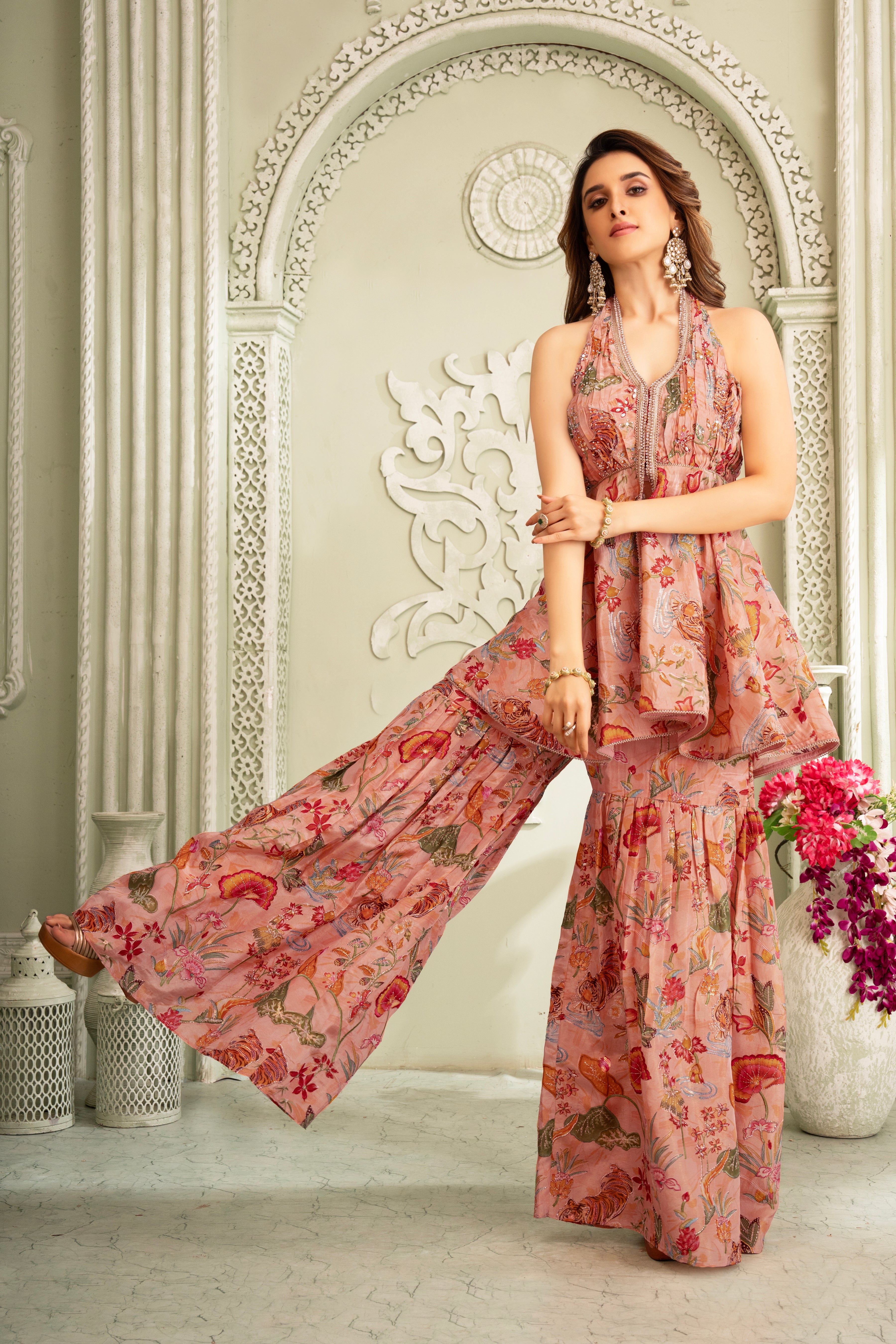 Floral Peach Halter Neck Sharara Set