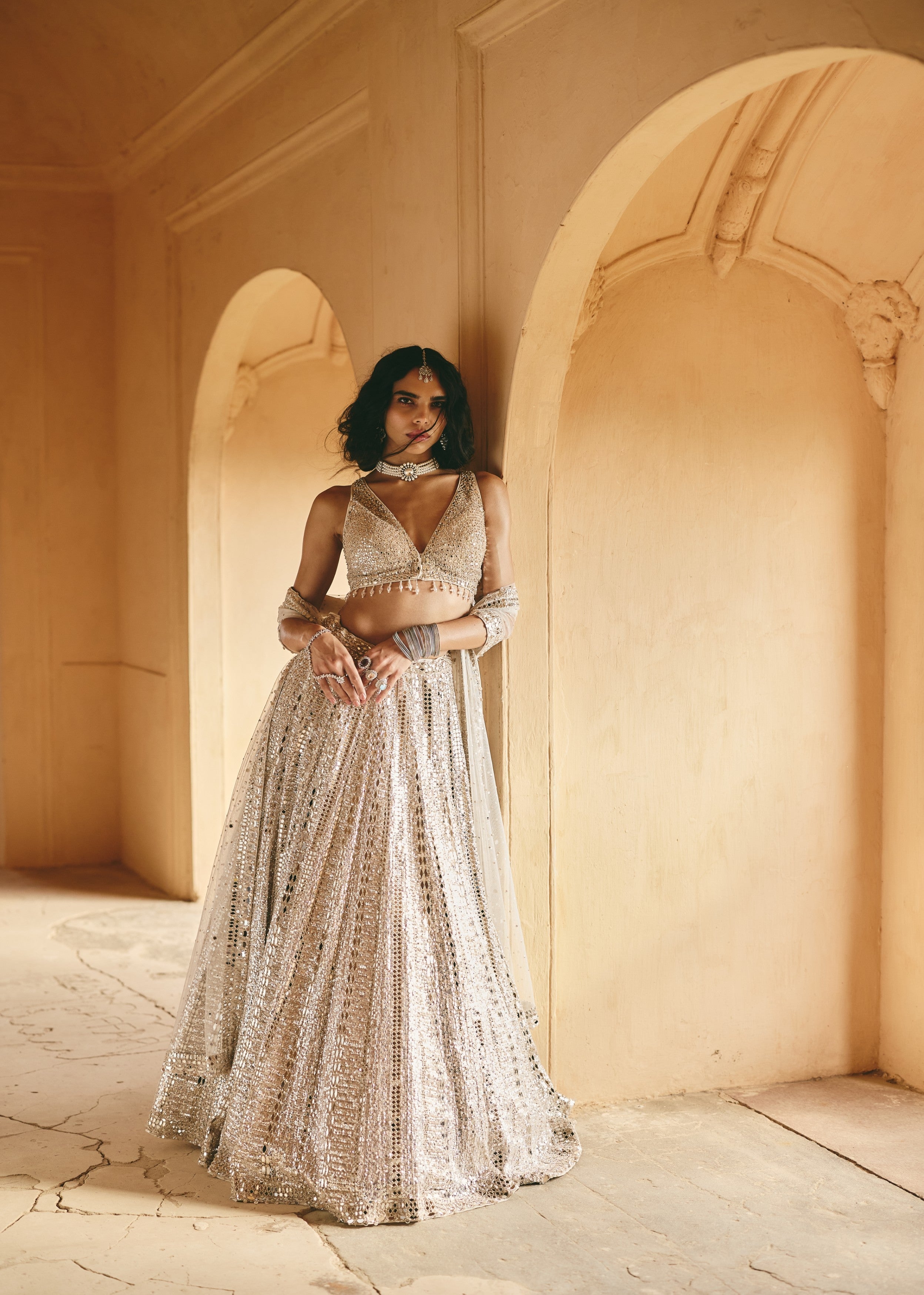 Ivory Silver Mirror-Embellished Premium Net Lehenga Set