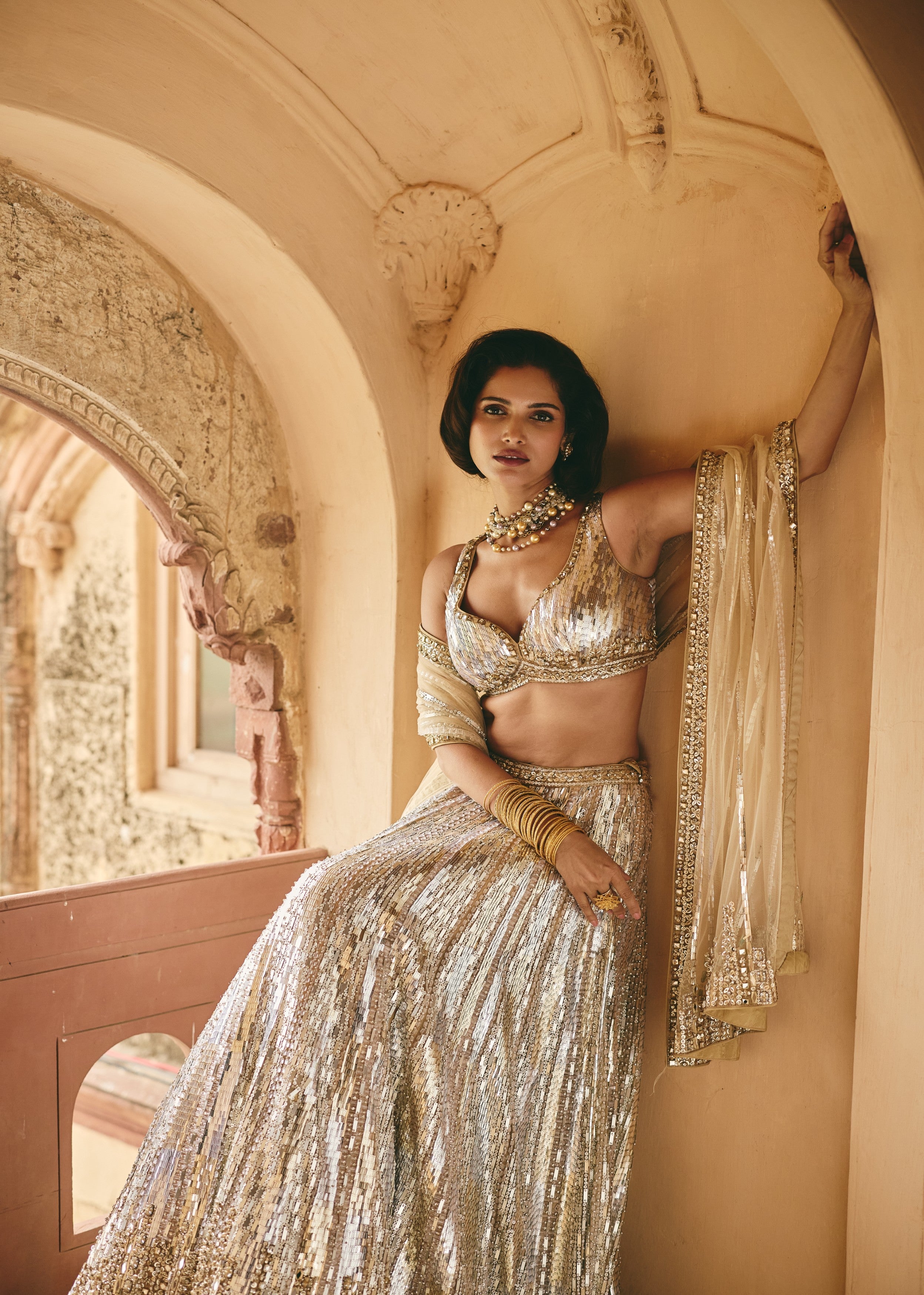 Champagne Gold Dazzling Premium Net Lehenga Set