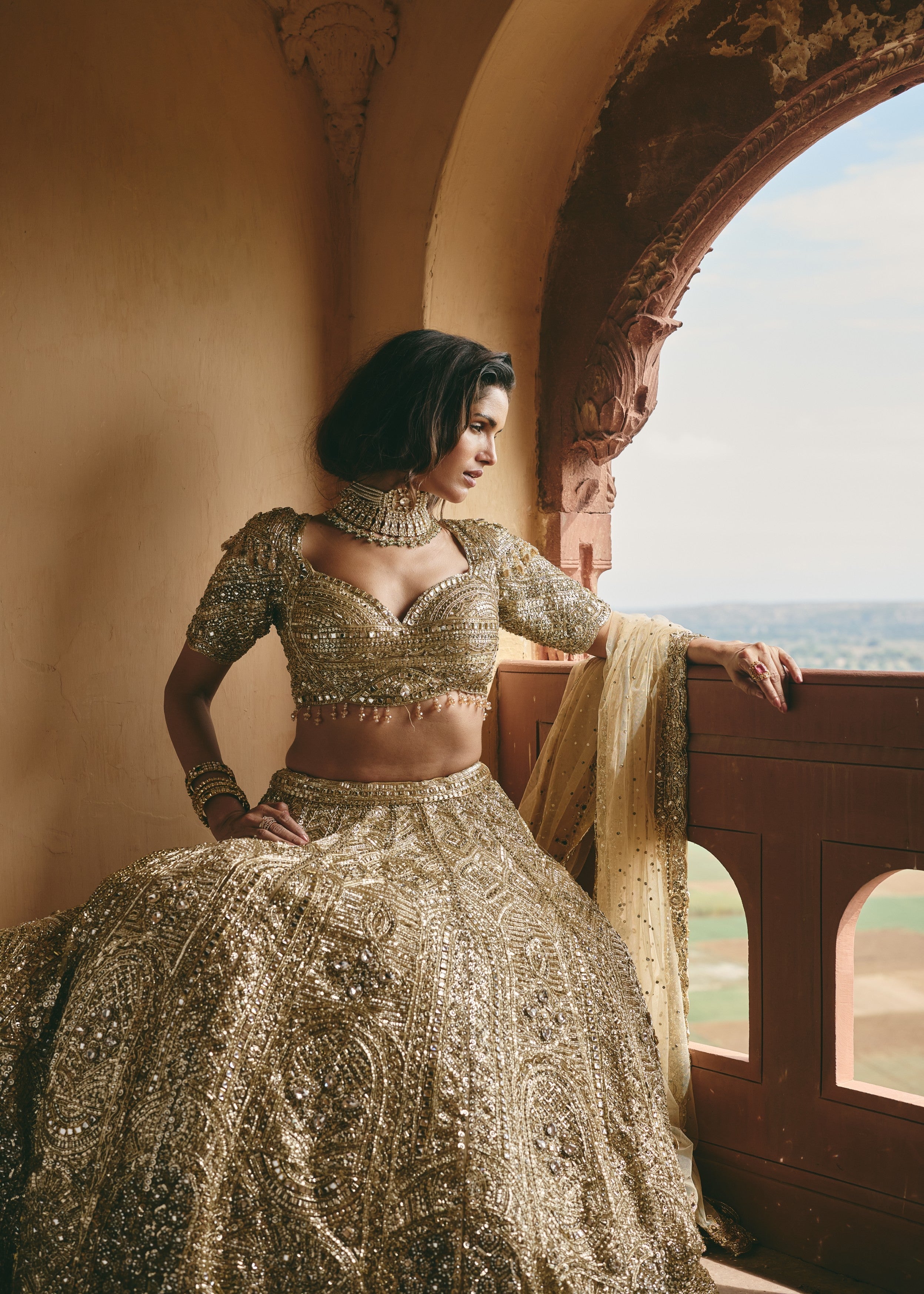 Antique Gold Embellished Premium Net Lehenga Set