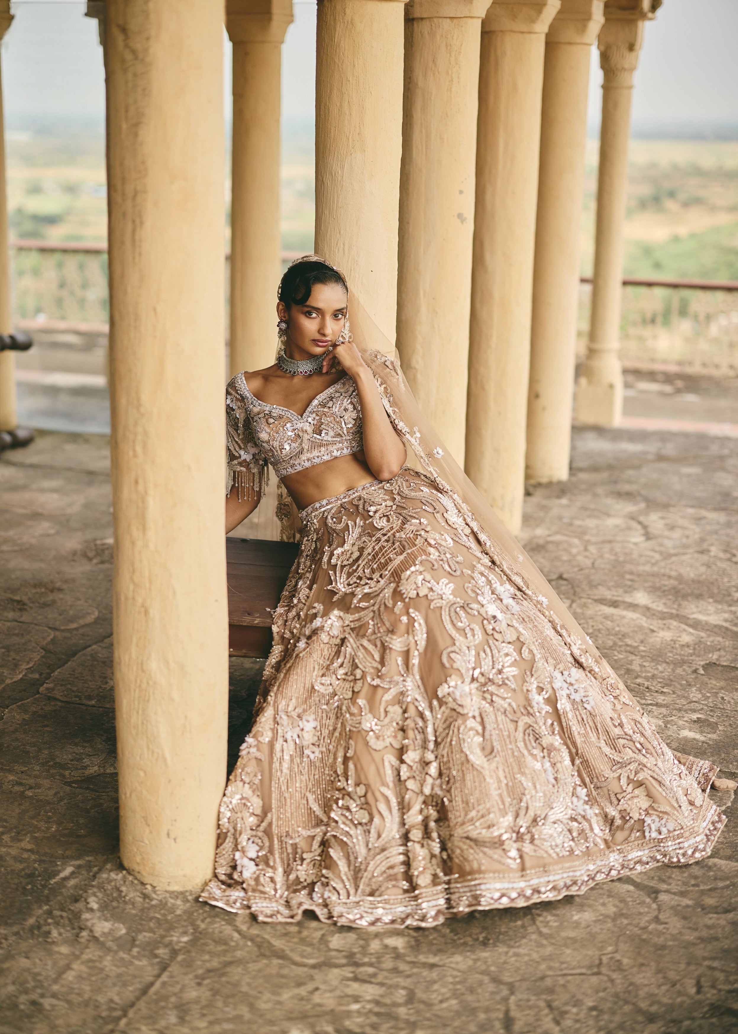 Beige-Gold Camellia 3D Floral Embroidered Lehenga Set