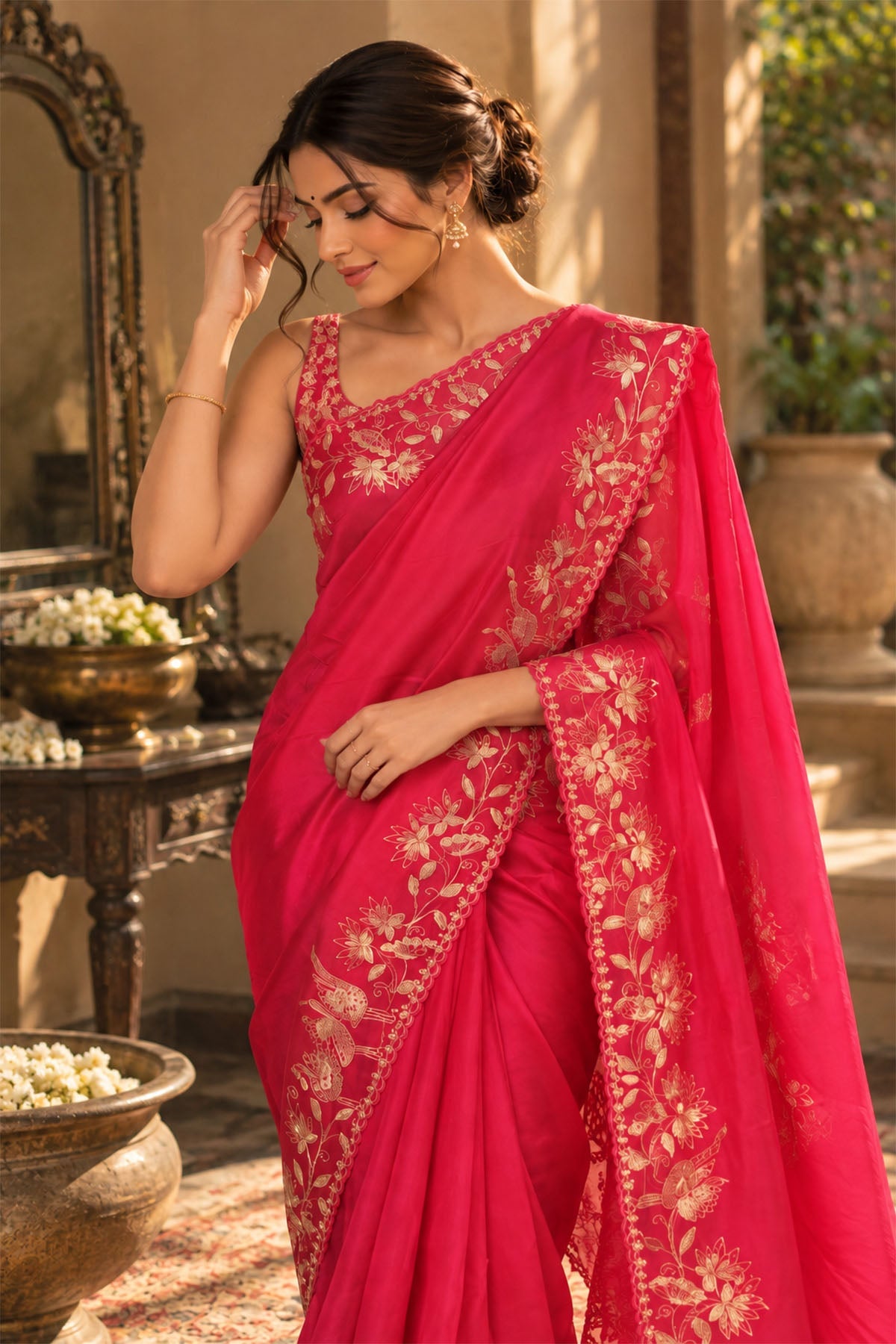Fuchsia Pink Embroidered Crepe Organza Silk Saree