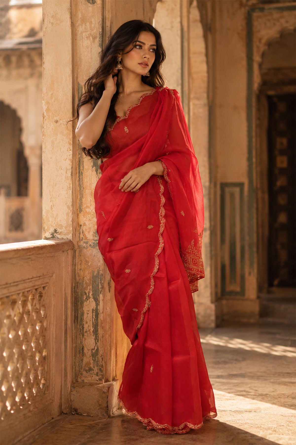 Scarlet Red Scalloped Organza Silk Saree