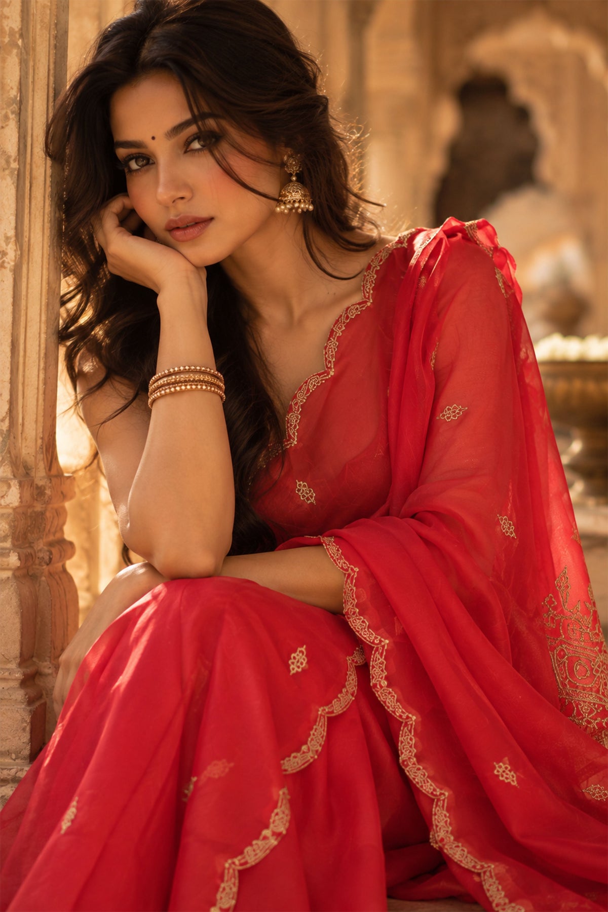 Scarlet Red Scalloped Organza Silk Saree
