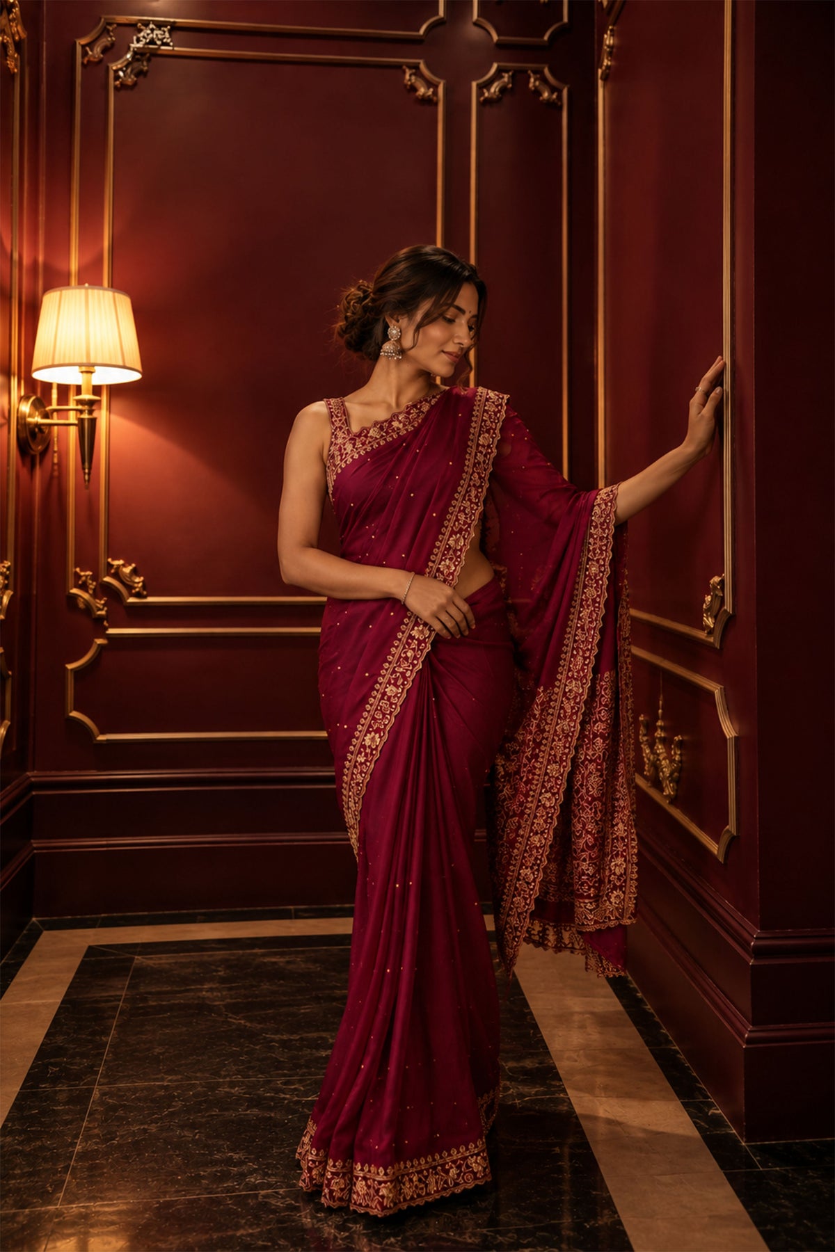 Wine Red Floral Embroidered Crepe Silk Saree