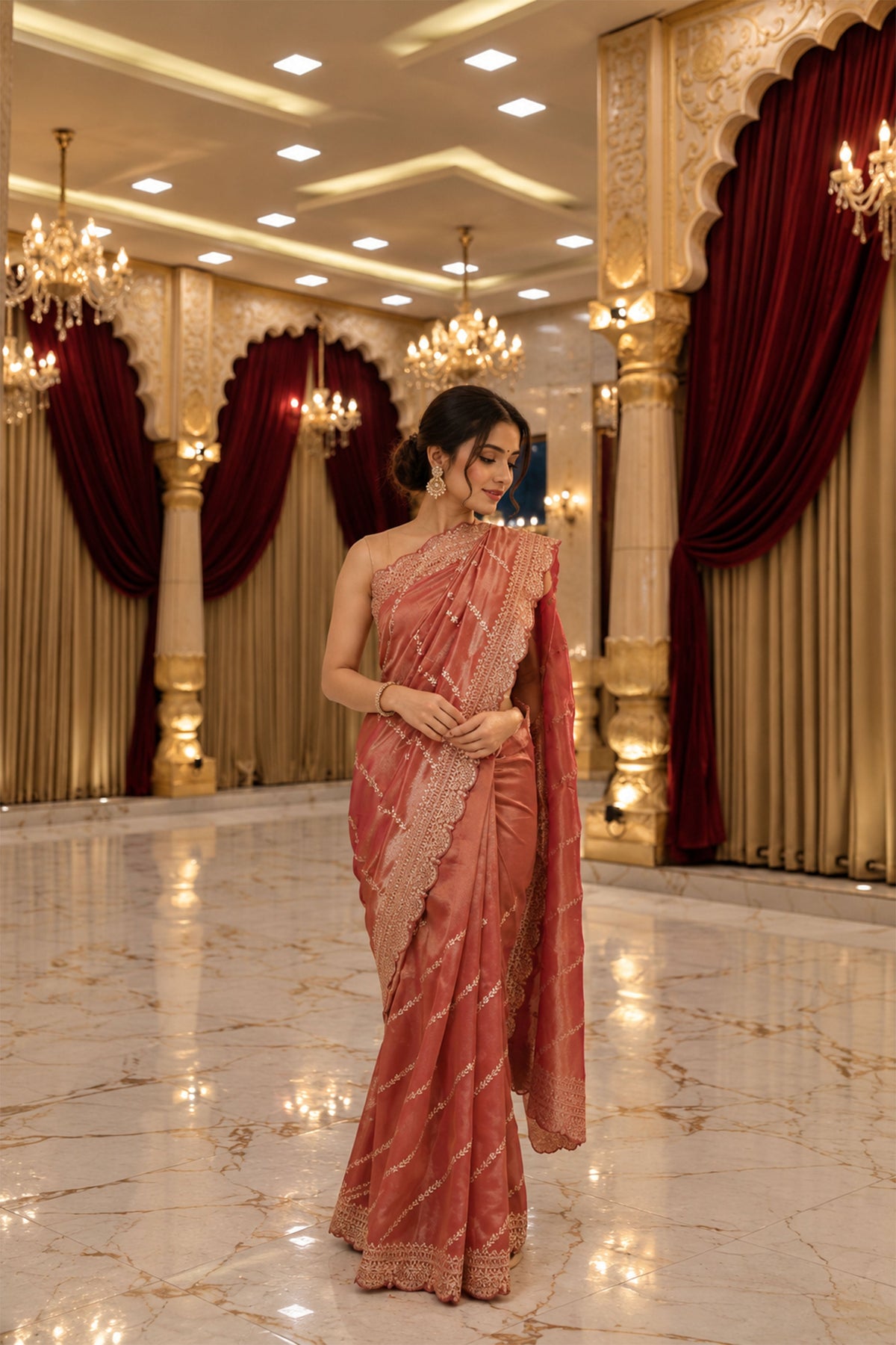 Rose Gold Embroidered Tissue Silk Saree