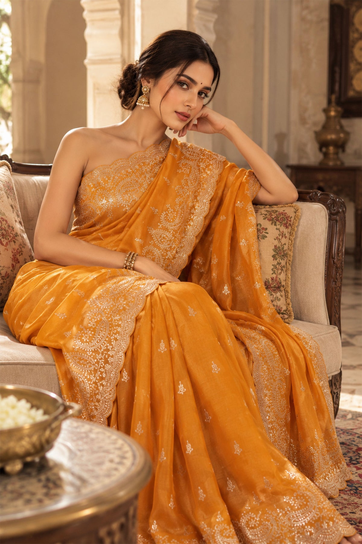 Golden Yellow Embroidered Tissue Silk Saree