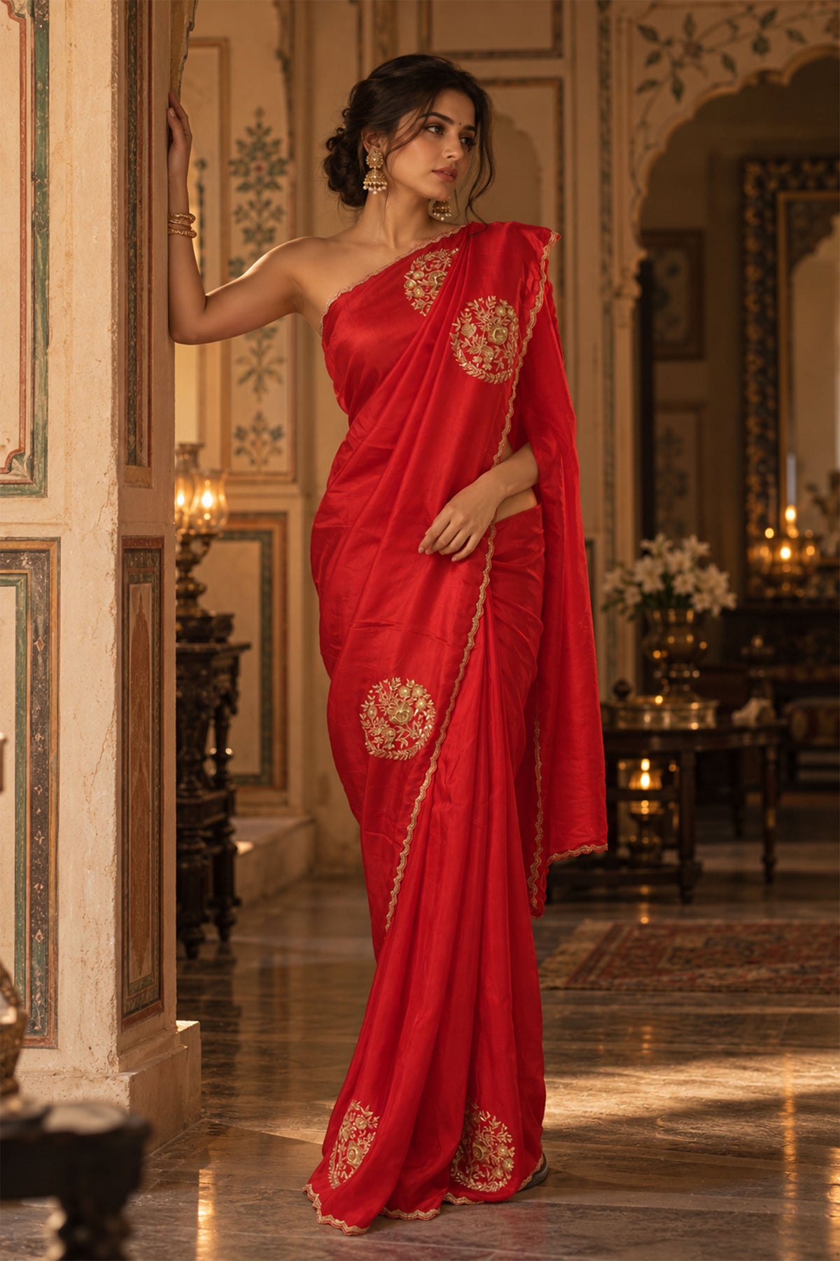 Vibrant Red Embroidered Crepe Silk Saree