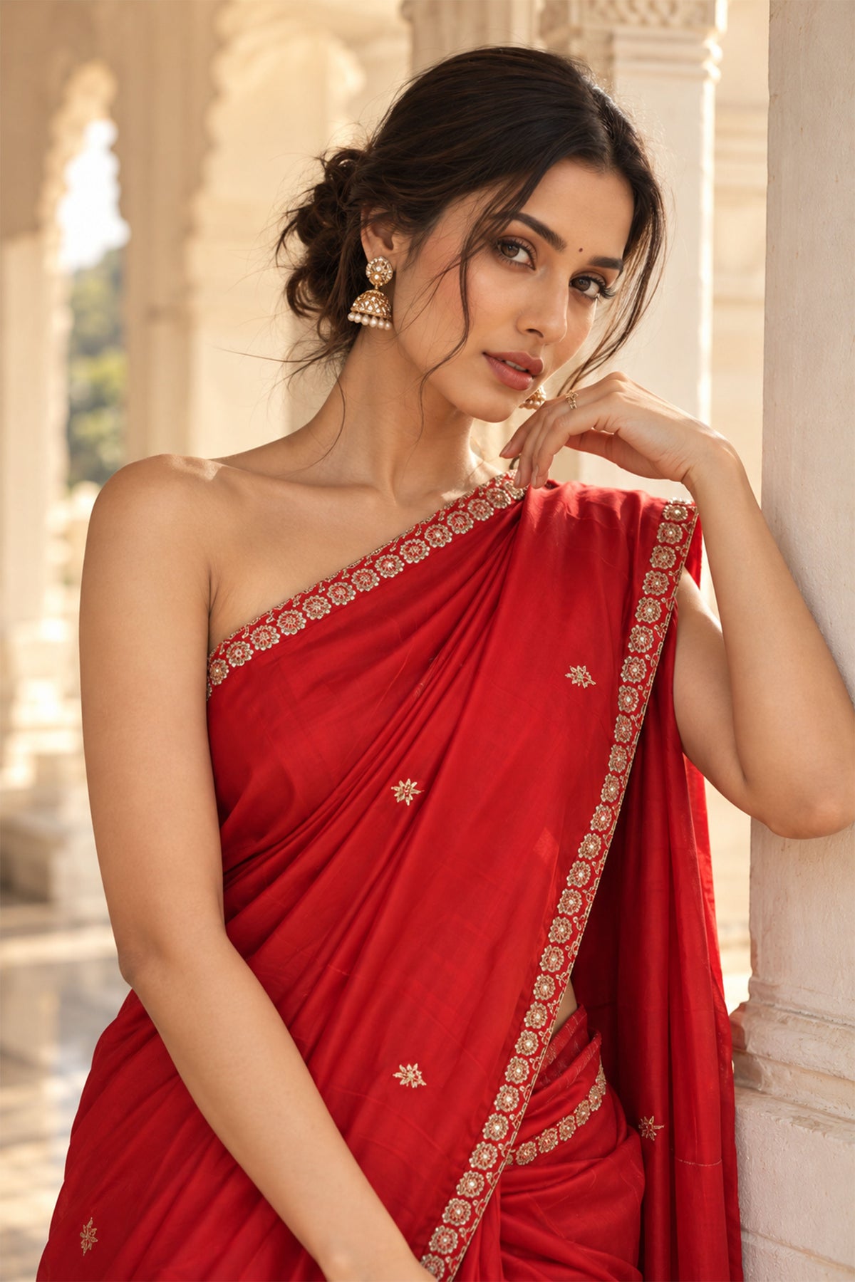 Bright Red Embroidered Crepe Silk Saree
