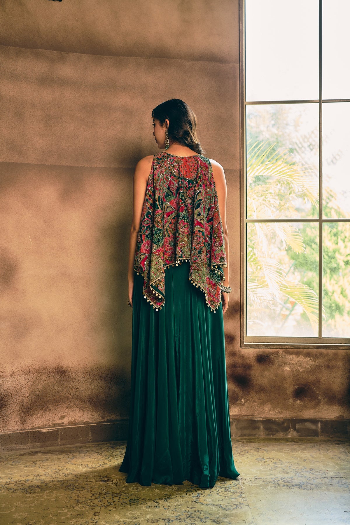 Bottle Green Embellished Crepe Silk Palazzo Set
