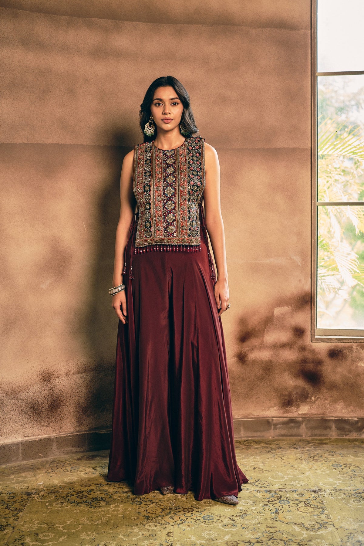 Deep Maroon Embellished Crepe Silk Palazzo Set