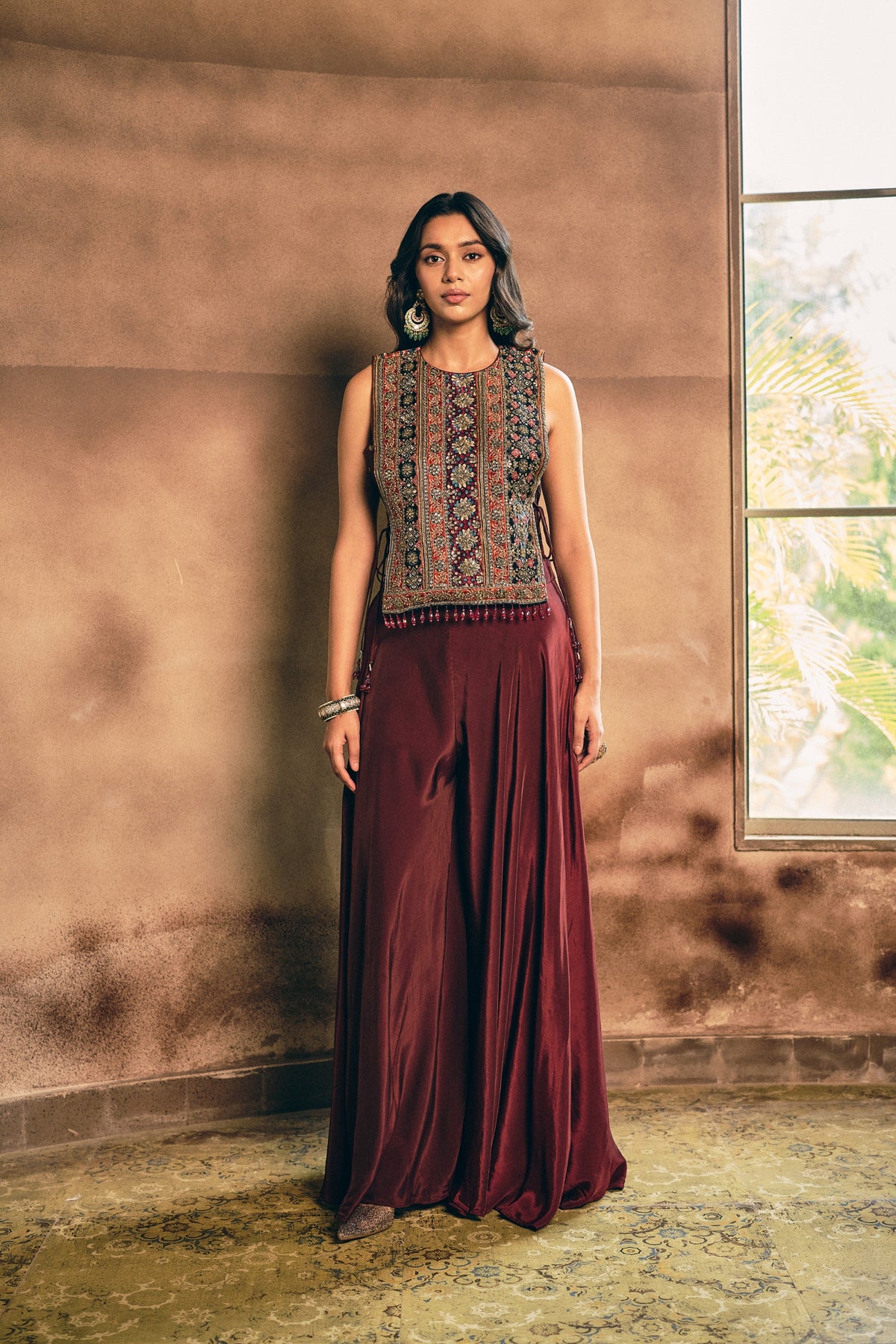 Deep Maroon Embellished Crepe Silk Palazzo Set