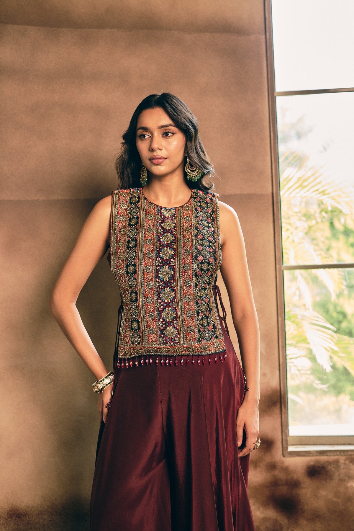 Deep Maroon Embellished Crepe Silk Palazzo Set