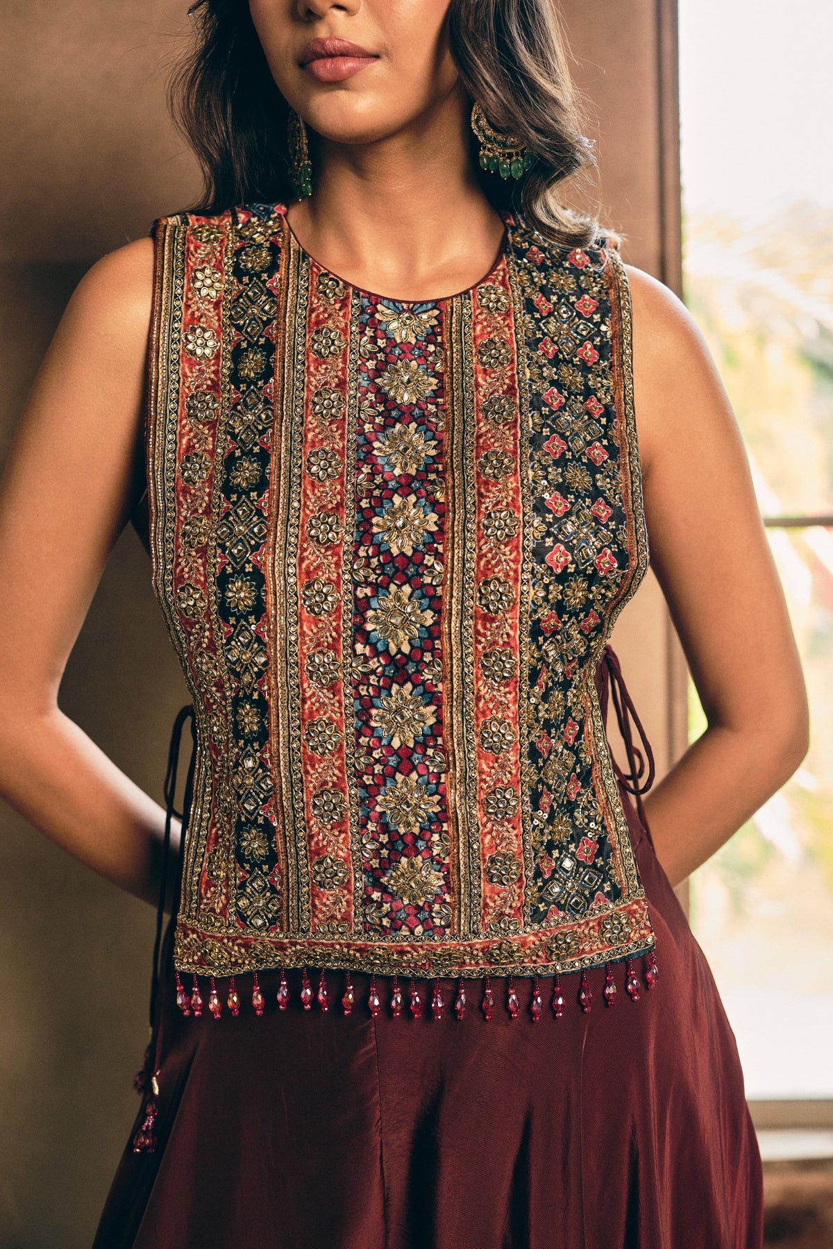 Deep Maroon Embellished Crepe Silk Palazzo Set