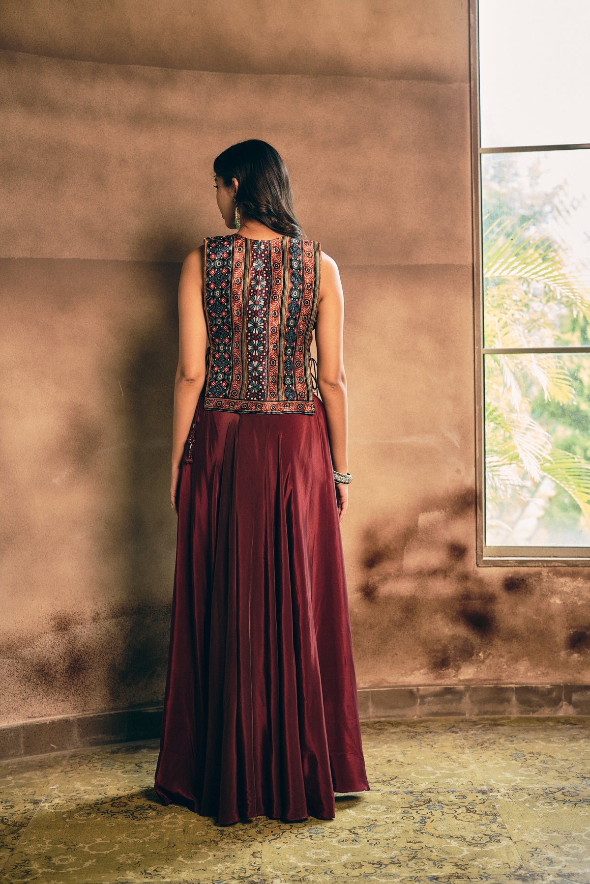 Deep Maroon Embellished Crepe Silk Palazzo Set