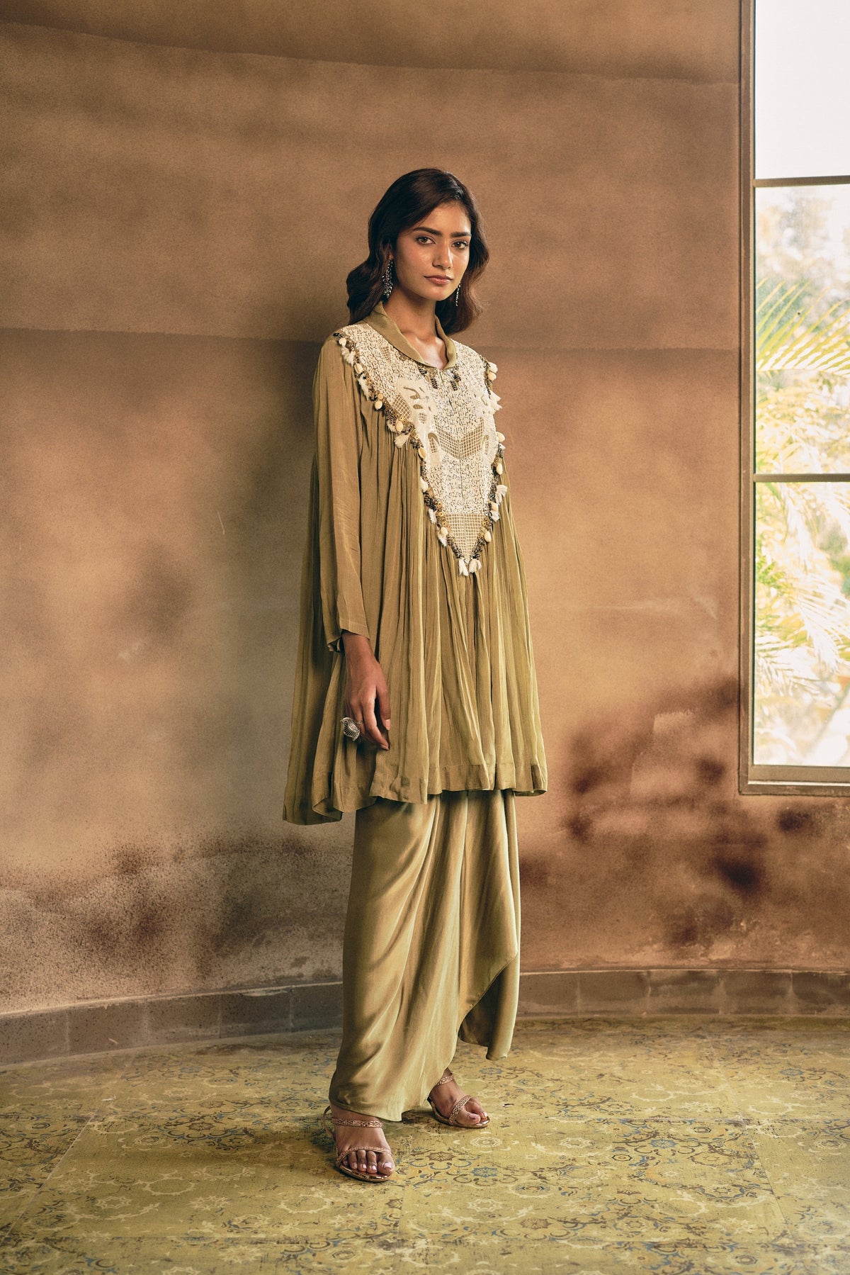 Earthy Olive Green Embellished Georgette Silk Skirt Set