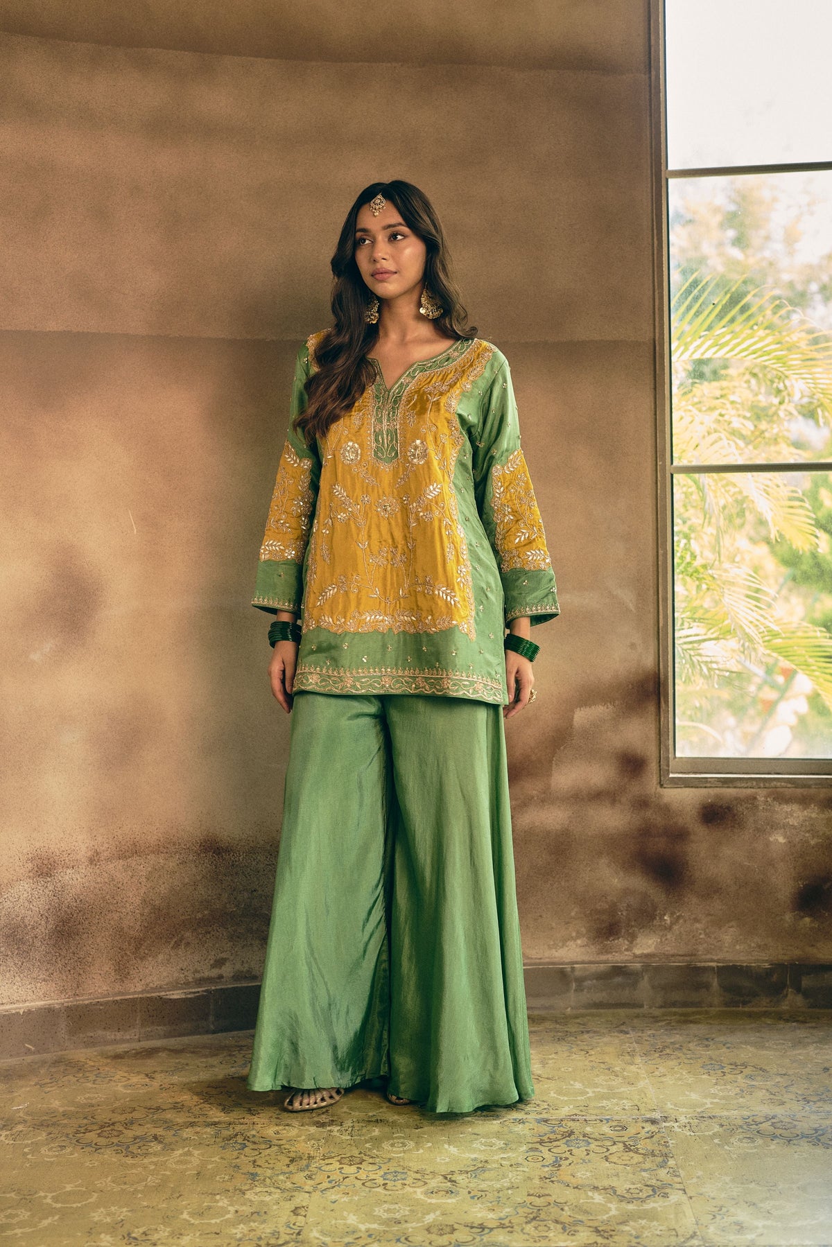 Green Fern Embellished Crepe Silk Palazzo Set