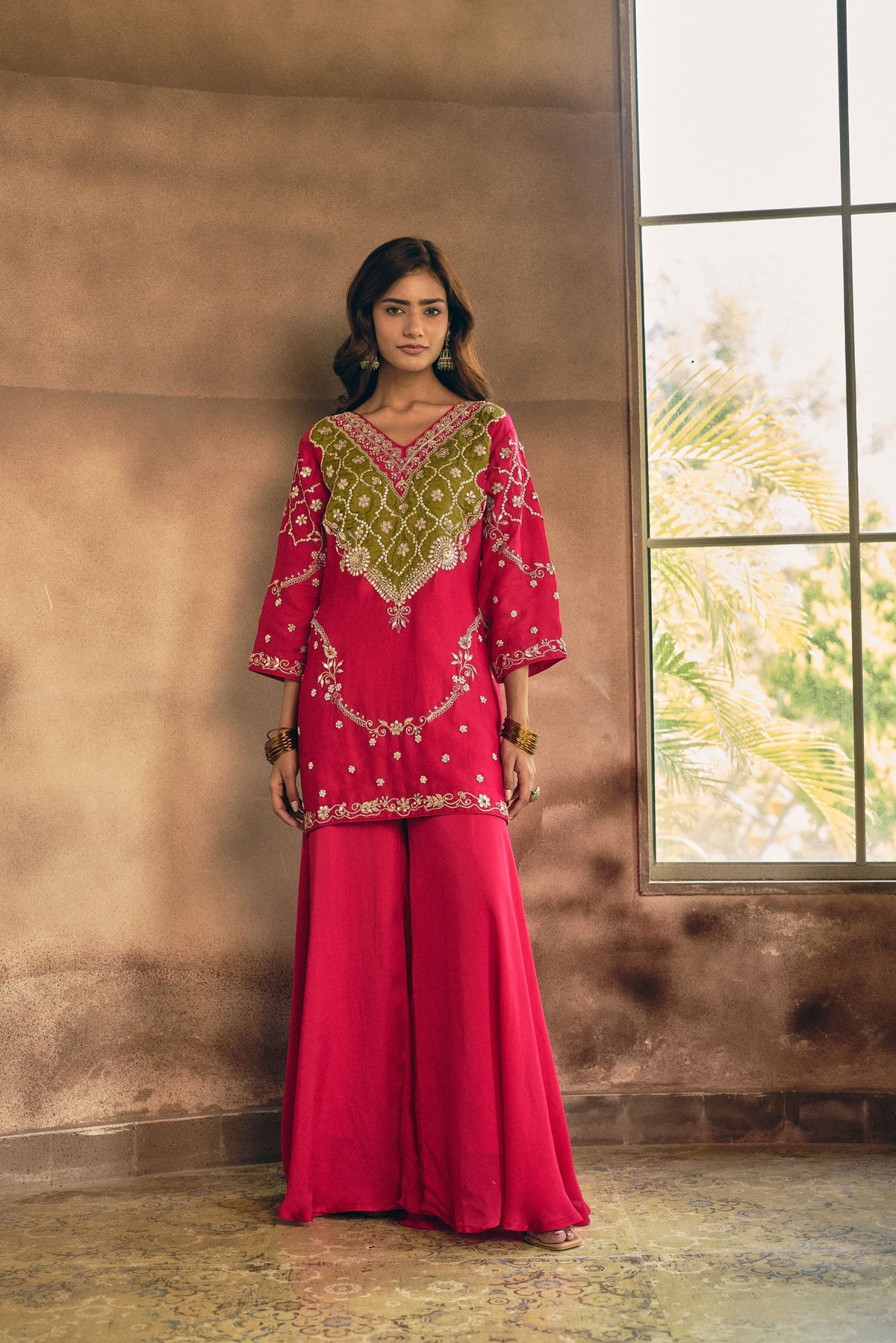 Vibrant Rani Pink Embellished Crepe Silk Palazzo Set