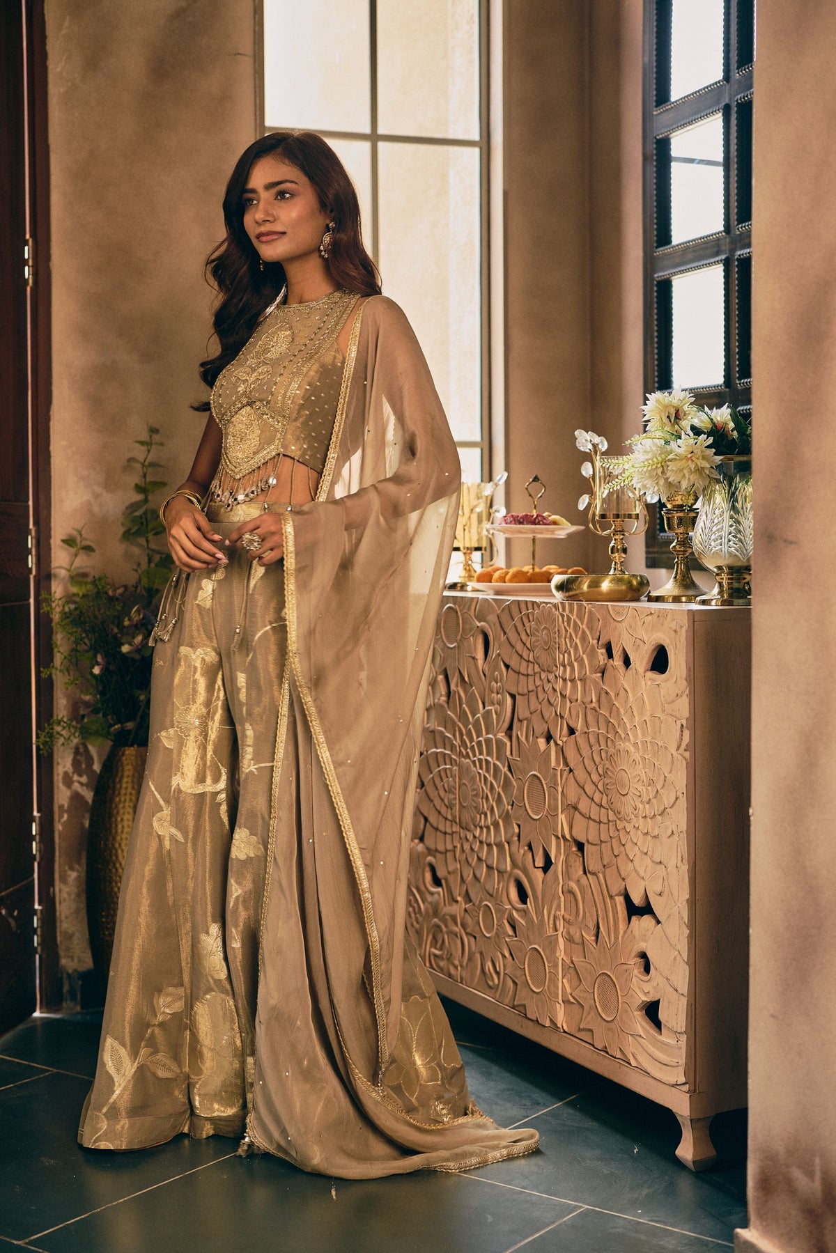 Beige Taupe Embellished Shimmer Silk Palazzo Set