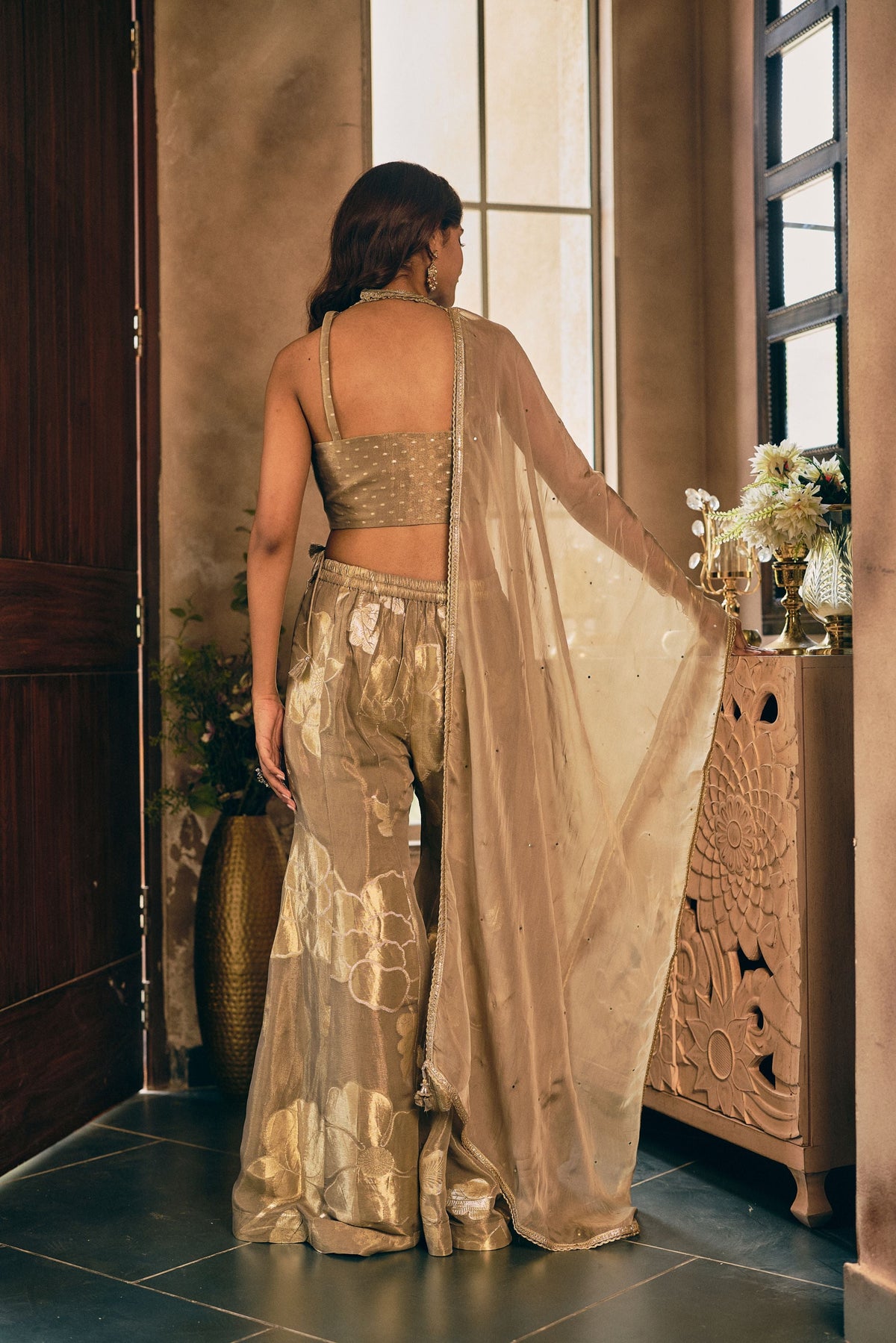 Beige Taupe Embellished Shimmer Silk Palazzo Set